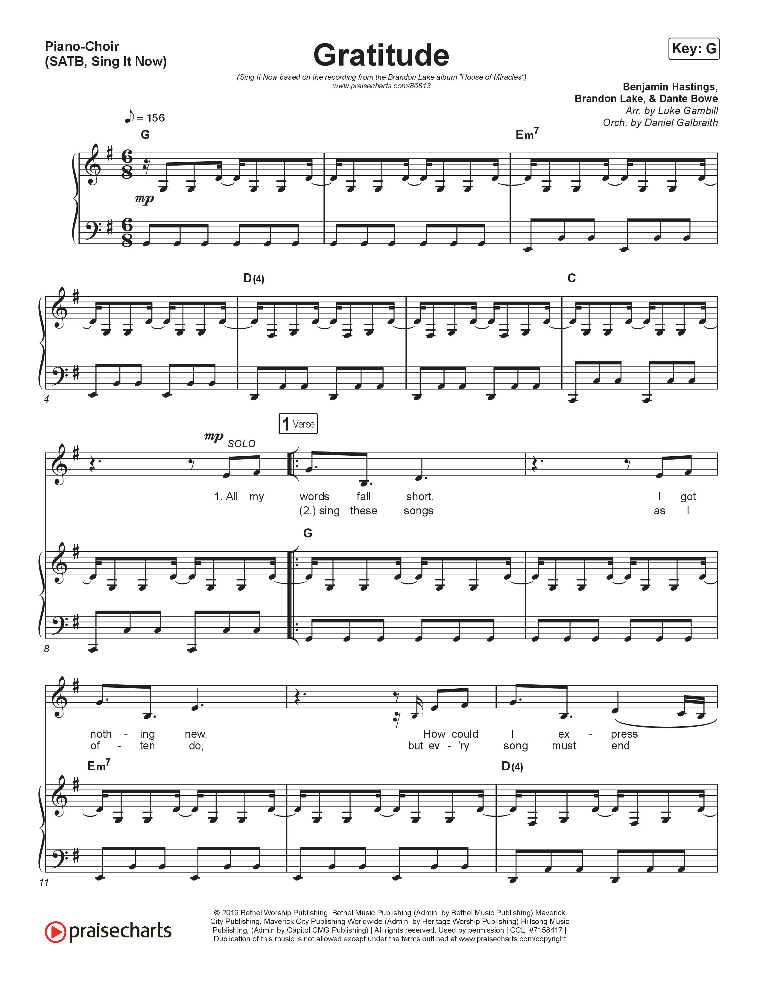 Gratitude (Sing It Now) Piano/Choir (SATB) (Brandon Lake / Arr. Luke Gambill)