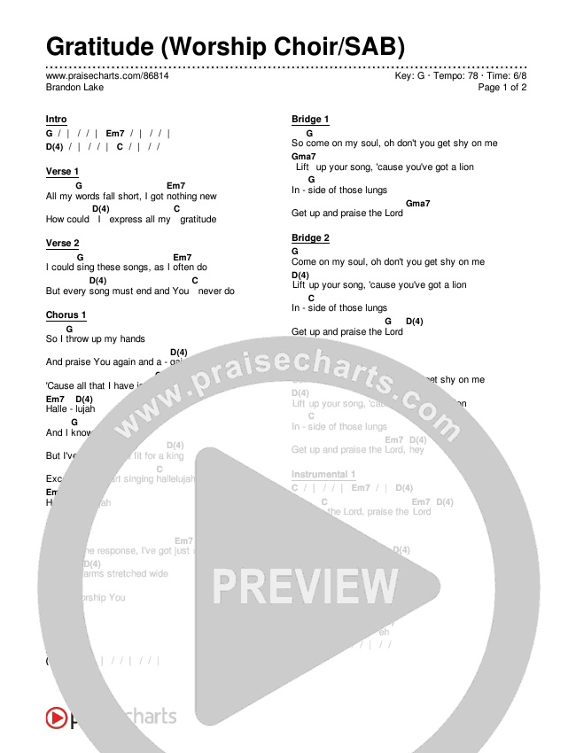 Gratitude (Worship Choir/SAB) Chords & Lyrics (Brandon Lake / Arr. Luke Gambill)