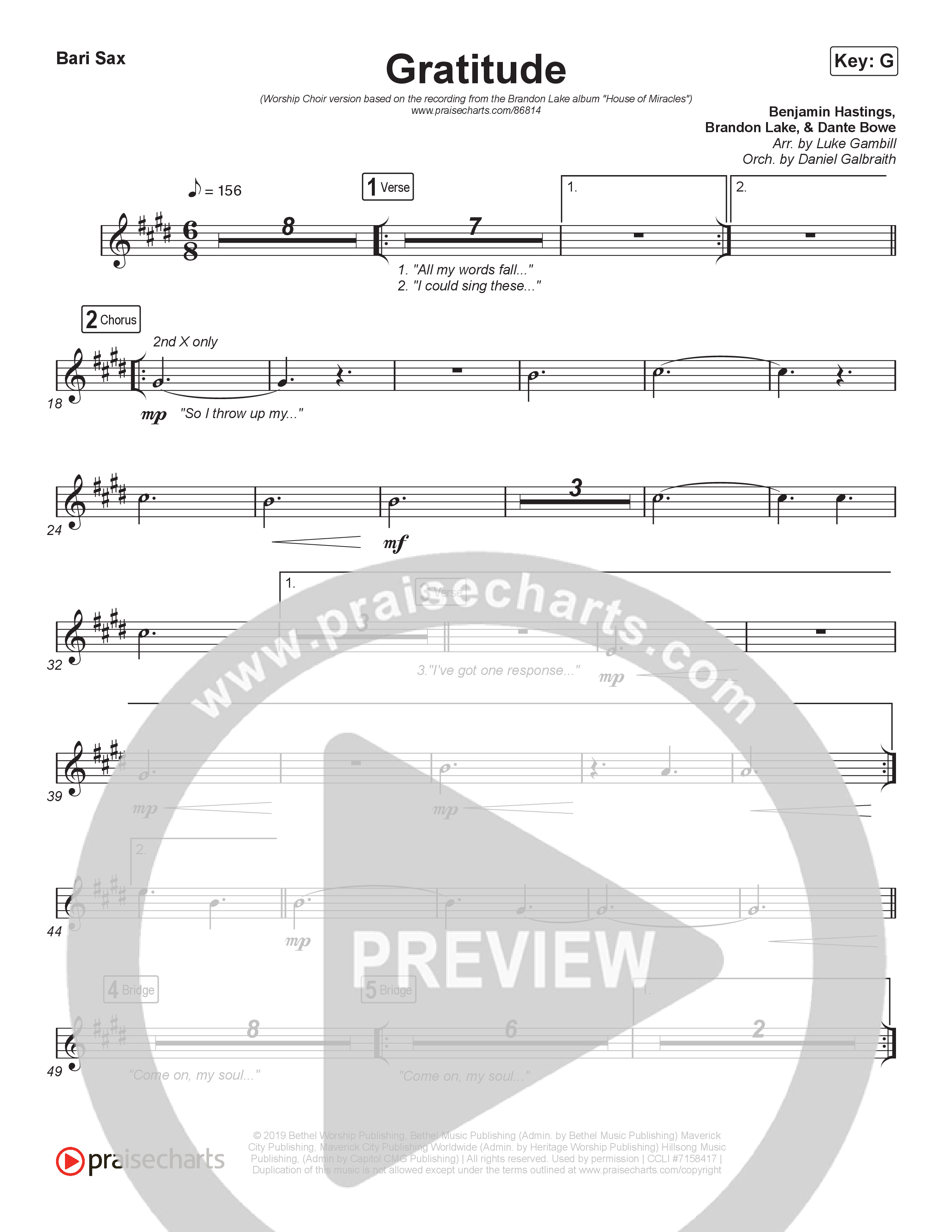 Gratitude (Worship Choir/SAB) Bari Sax (Brandon Lake / Arr. Luke Gambill)