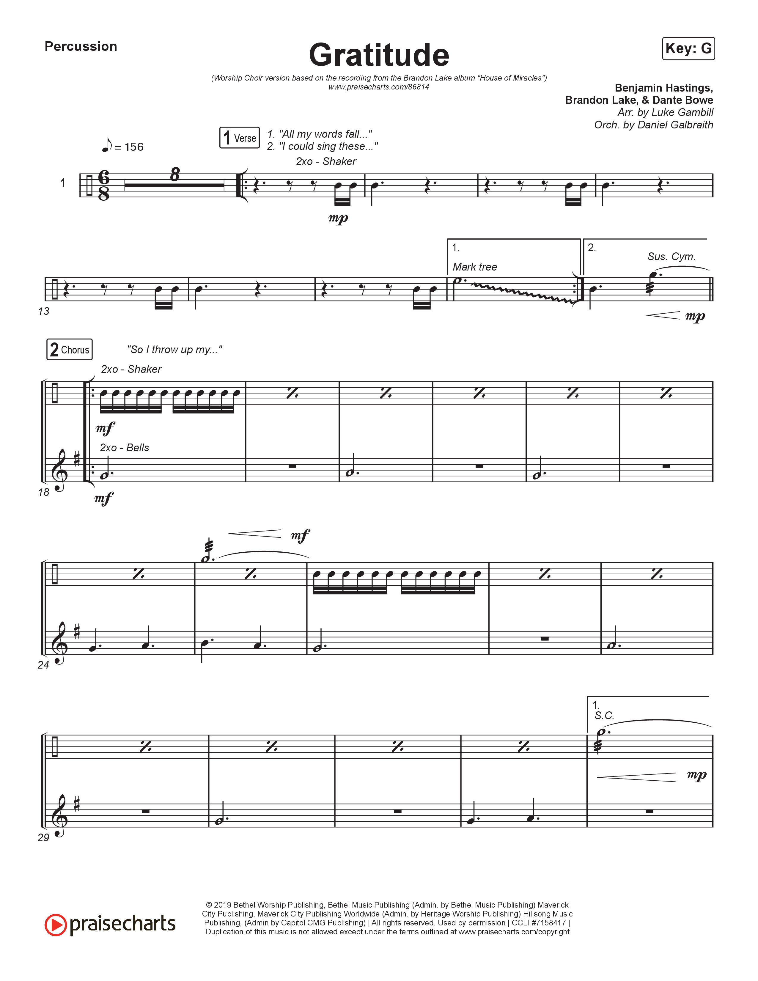 Gratitude (Worship Choir/SAB) Percussion (Brandon Lake / Arr. Luke Gambill)