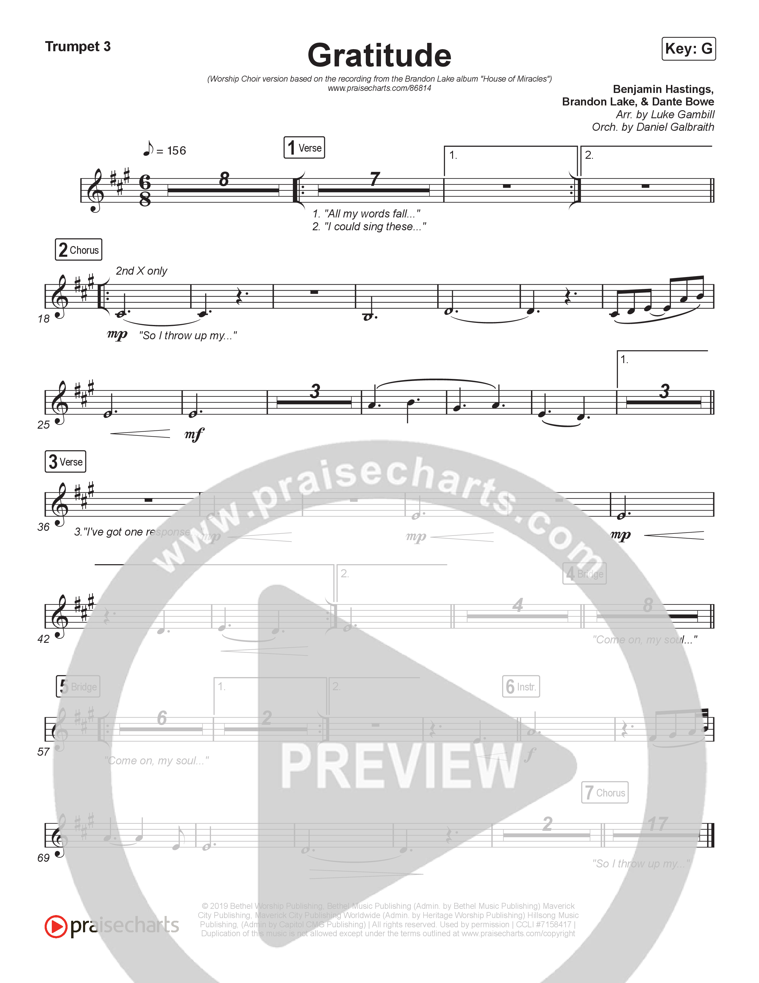 Gratitude (Worship Choir/SAB) Trumpet 3 (Brandon Lake / Arr. Luke Gambill)