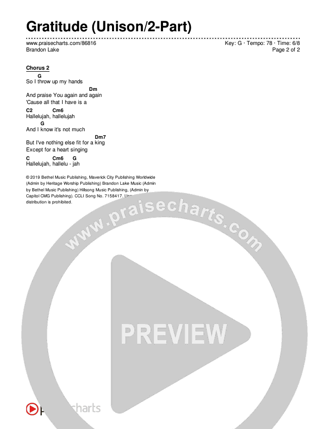 Gratitude (Unison/2-Part) Chords & Lyrics (Brandon Lake / Arr. Luke Gambill)