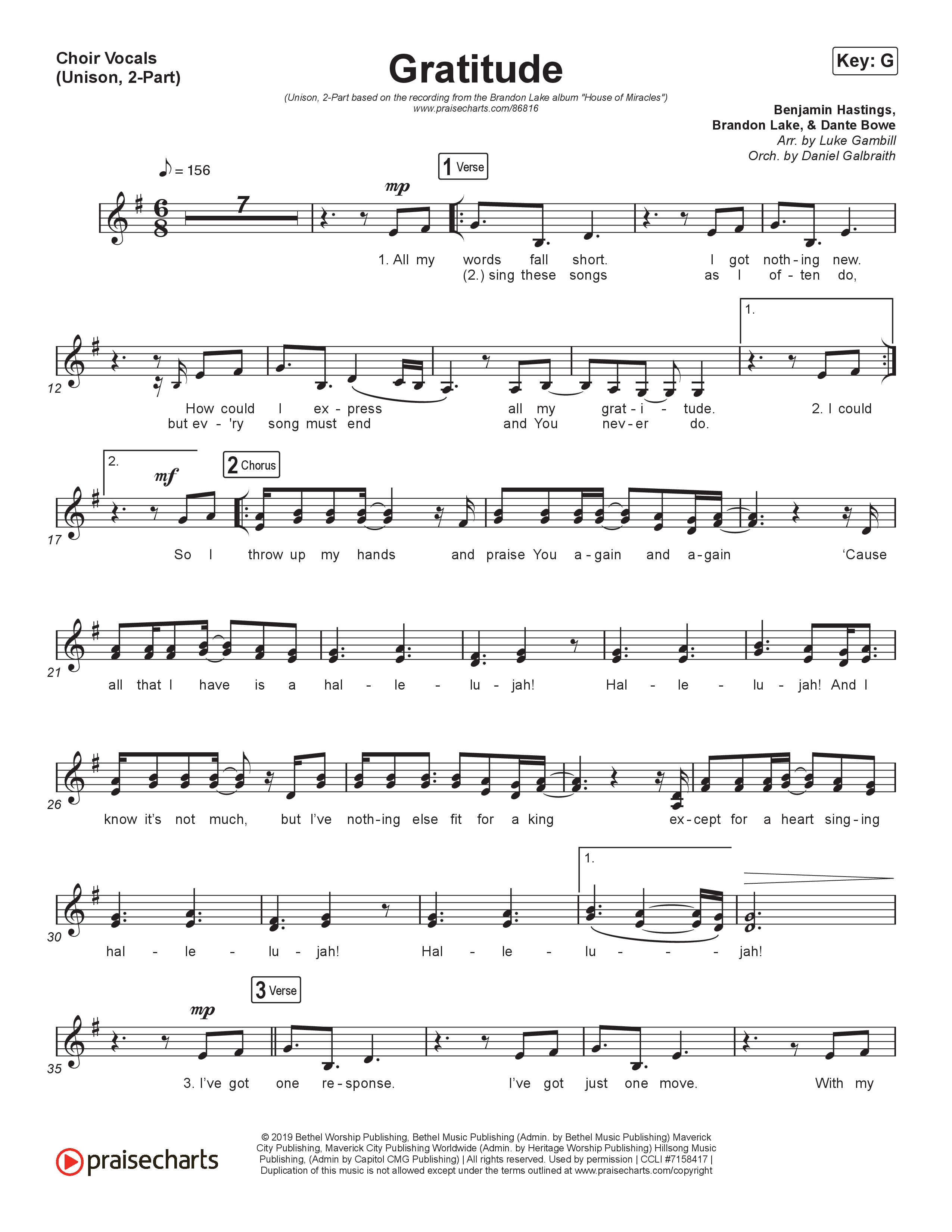 Gratitude (Unison/2-Part) Choir Vocals (Uni/2-Part) (Brandon Lake / Arr. Luke Gambill)