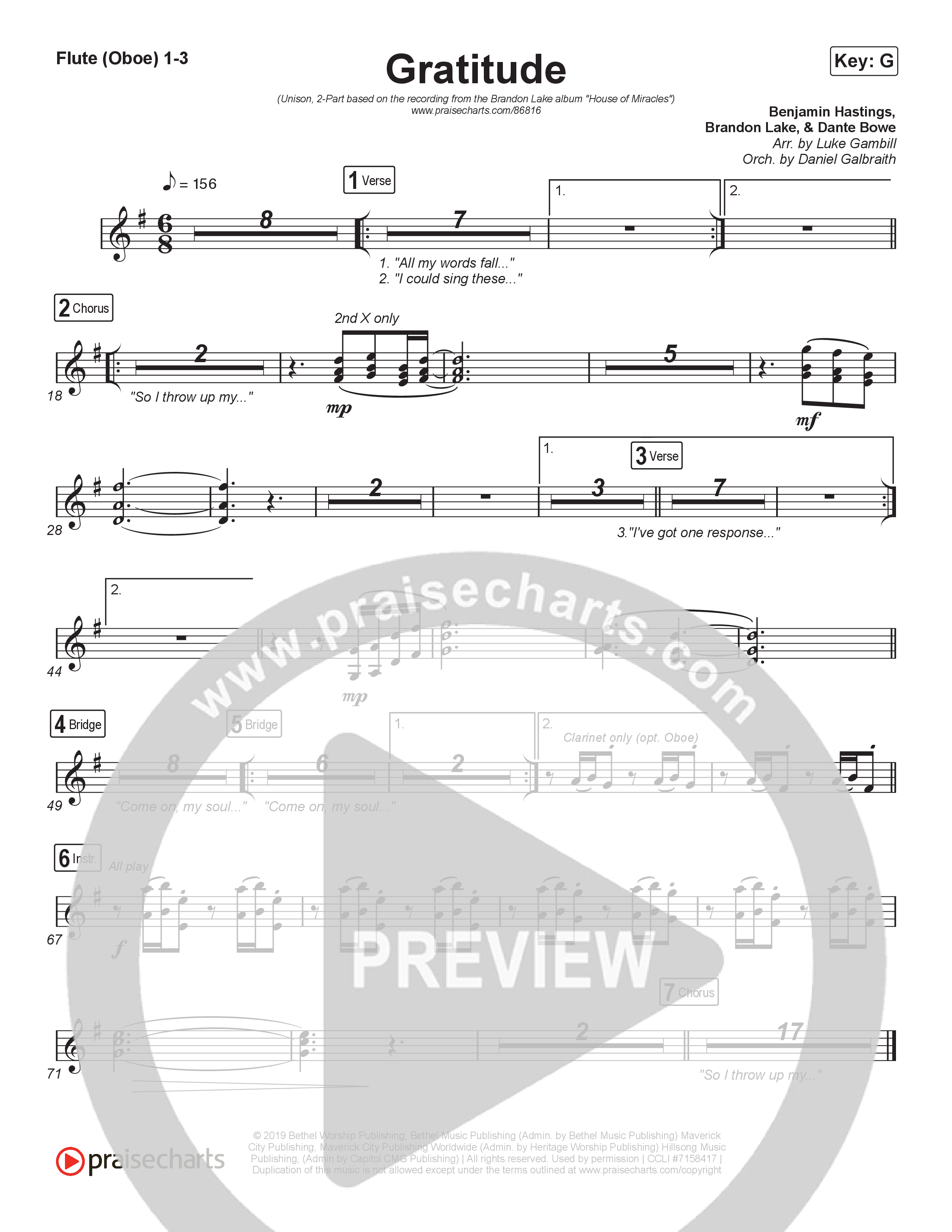 Gratitude (Unison/2-Part) Flute/Oboe 1/2/3 (Brandon Lake / Arr. Luke Gambill)