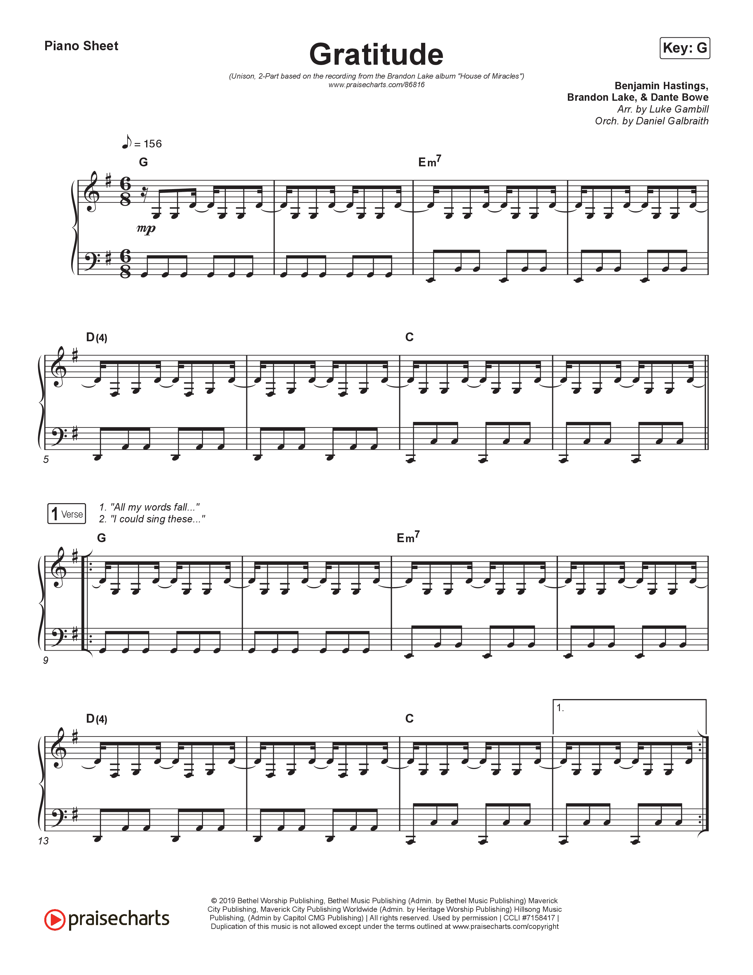 Gratitude (Unison/2-Part) Piano Sheet (Brandon Lake / Arr. Luke Gambill)
