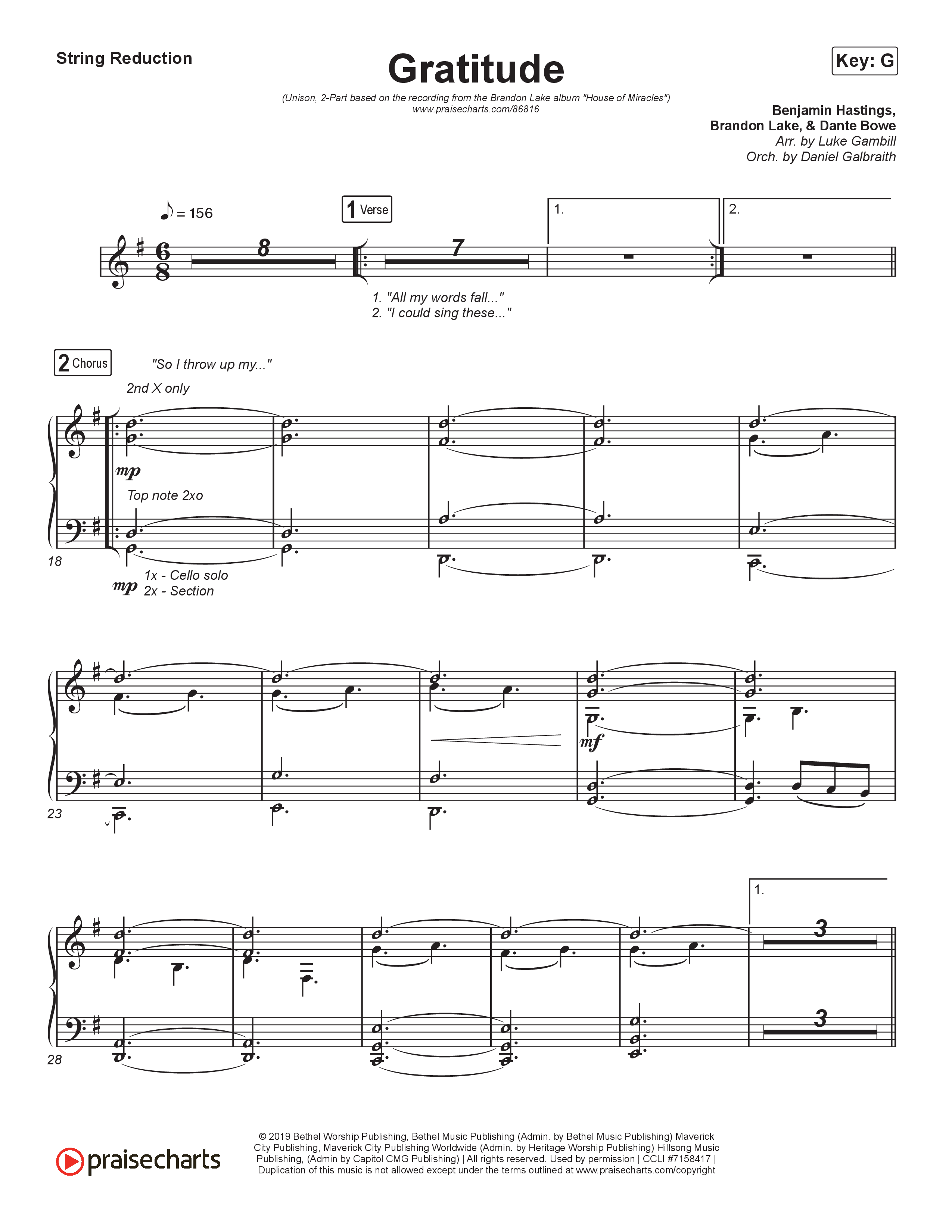 Gratitude (Unison/2-Part) String Reduction (Brandon Lake / Arr. Luke Gambill)