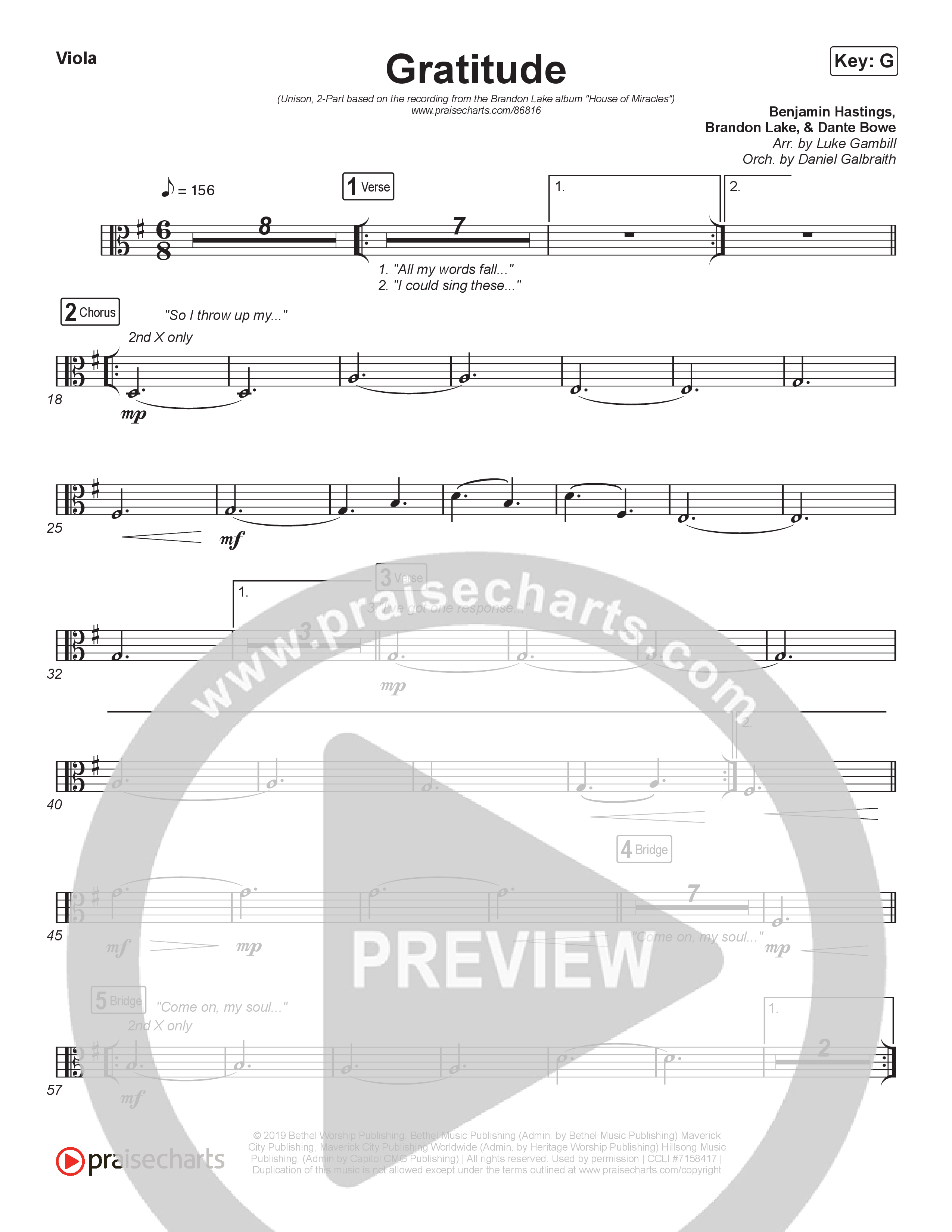 Gratitude (Unison/2-Part) Viola (Brandon Lake / Arr. Luke Gambill)