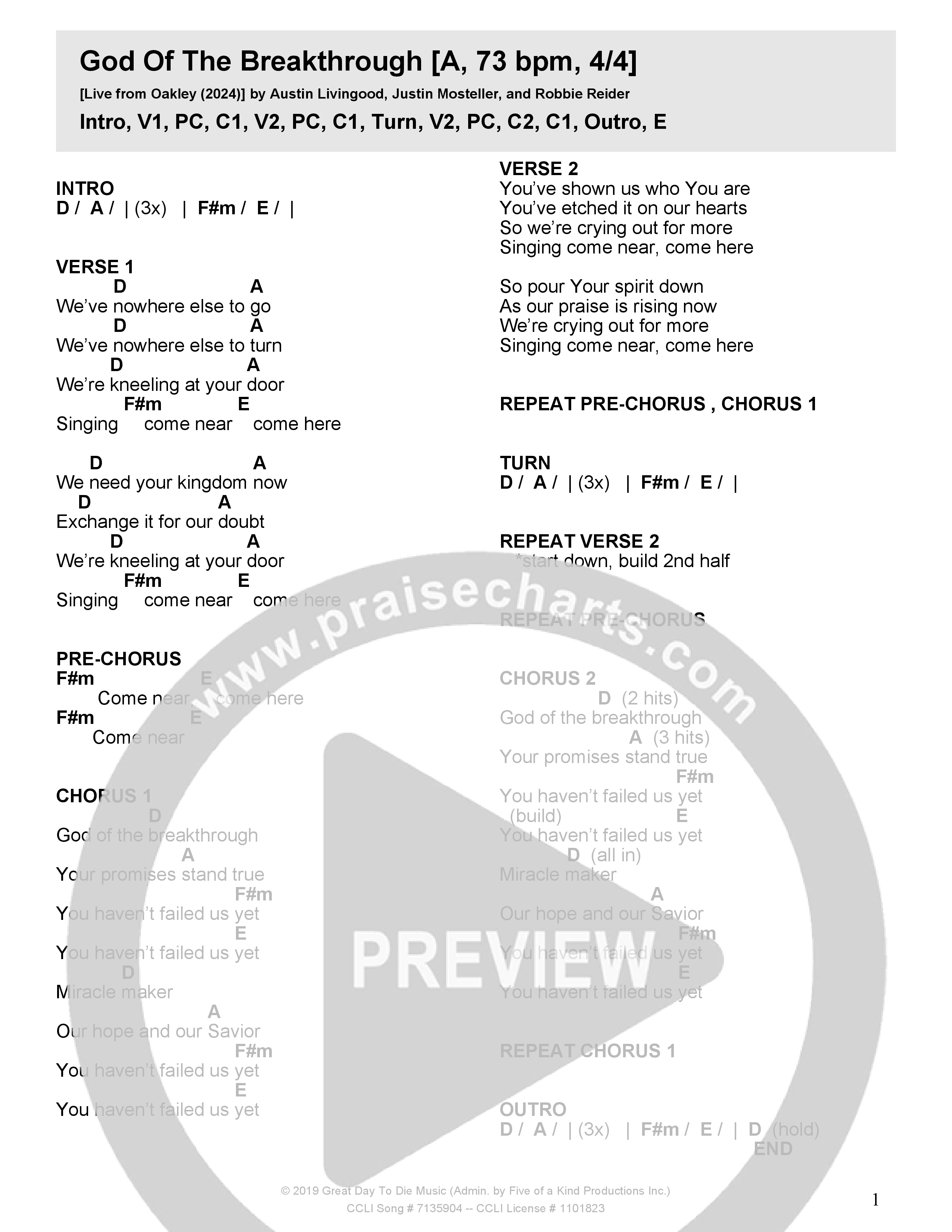 God Of The Breakthrough (Live) Chord Chart (Crossroads Music)