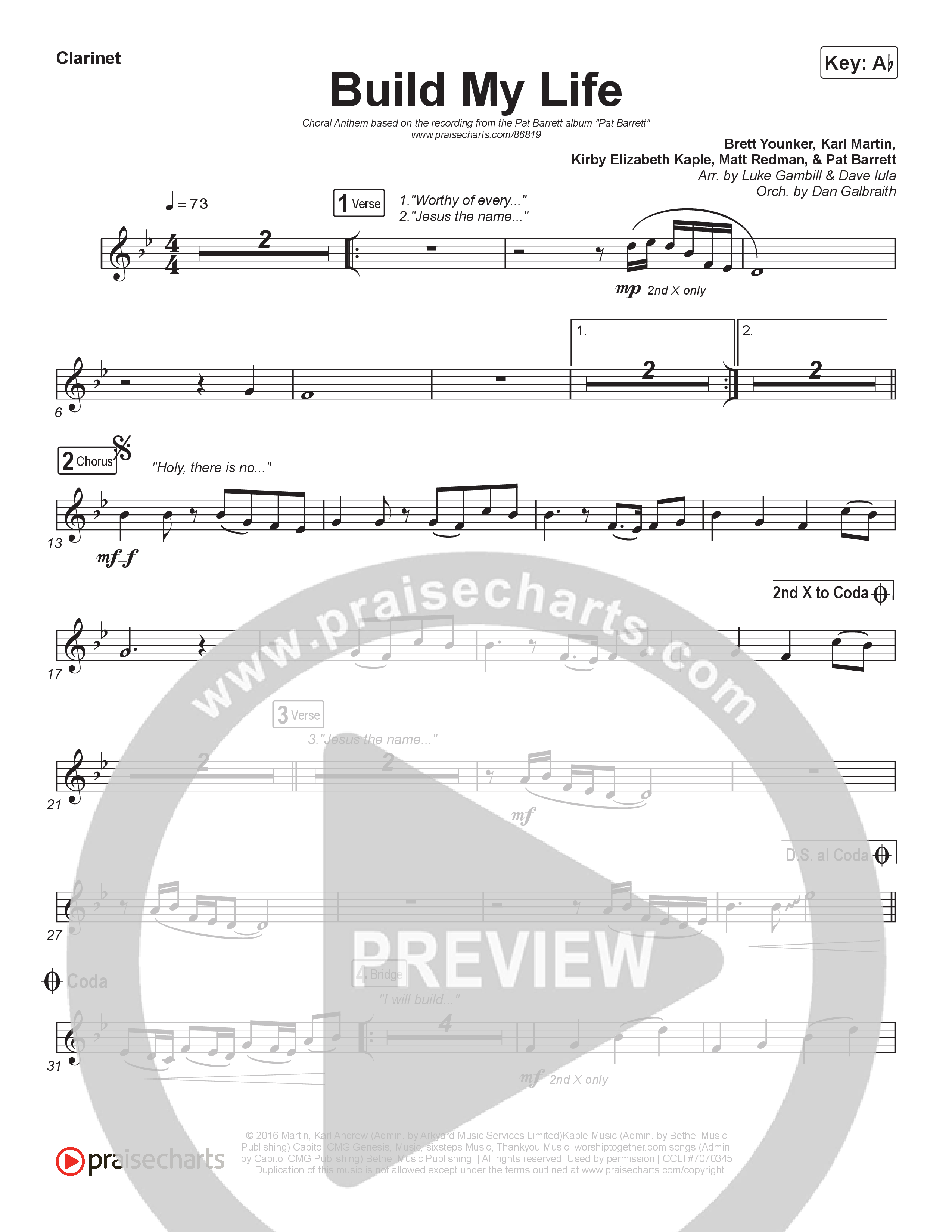 Build My Life (Choral Anthem SATB) Clarinet 1,2 (Pat Barrett / Arr. Luke Gambill)