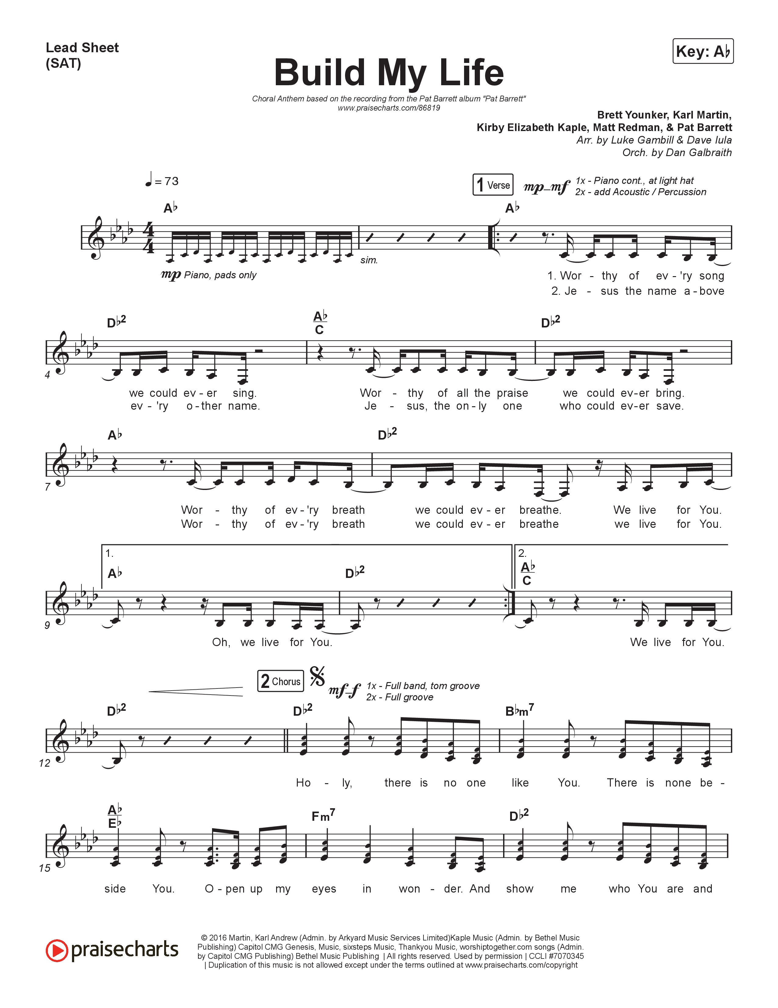 Build My Life (Choral Anthem SATB) Lead Sheet (SAT) (Pat Barrett / Arr. Luke Gambill)