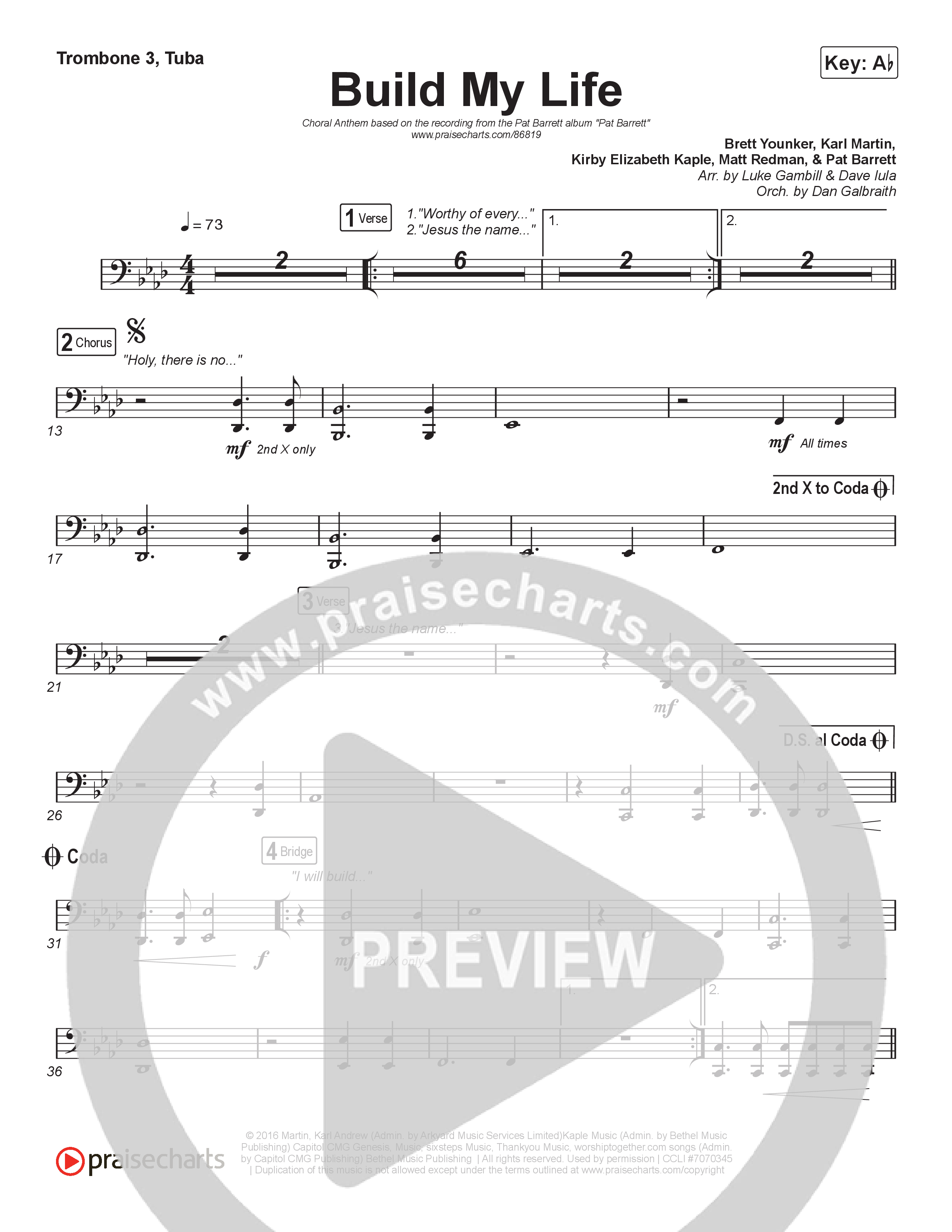 Build My Life (Choral Anthem SATB) Trombone 3/Tuba (Pat Barrett / Arr. Luke Gambill)