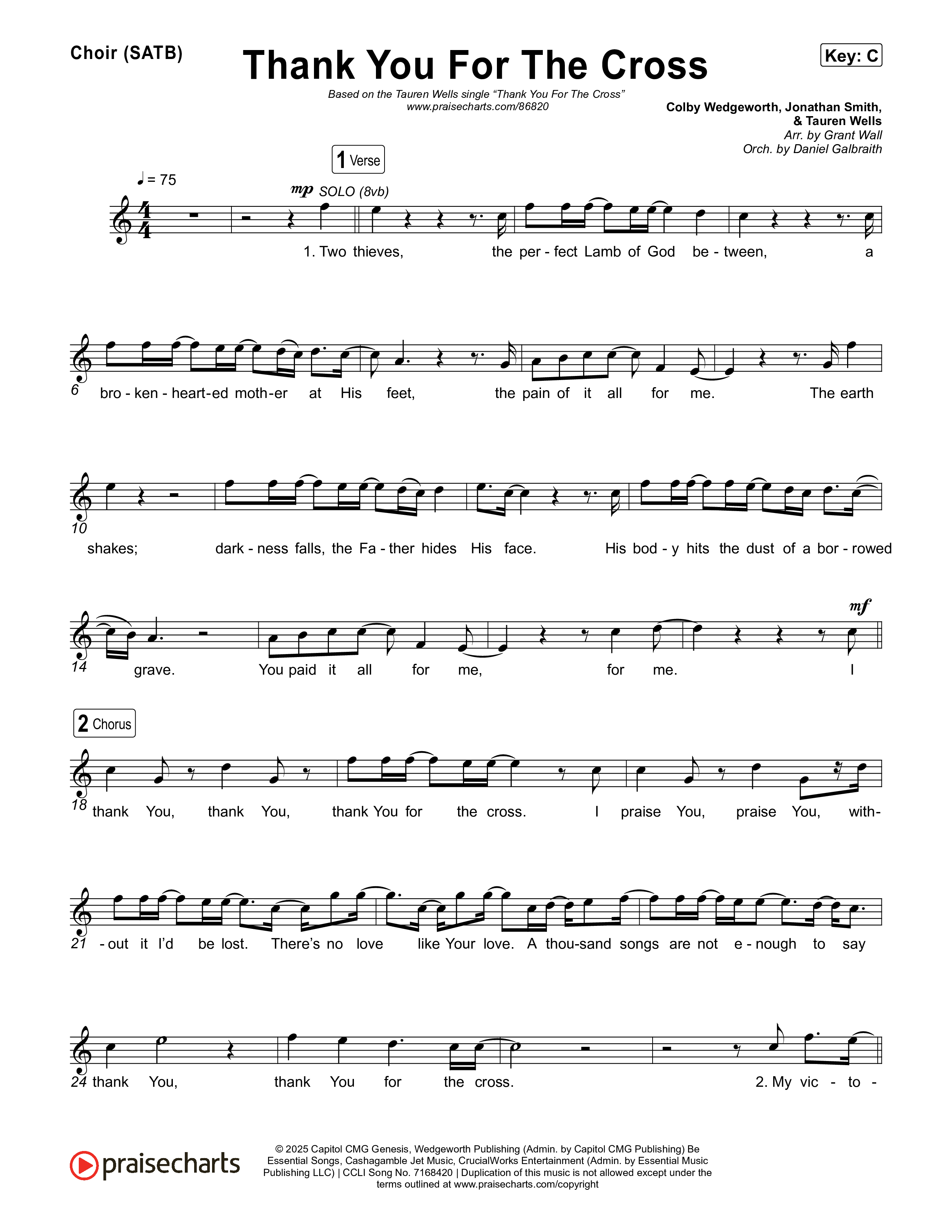 Thank You For The Cross Choir Sheet (SATB) (Tauren Wells)