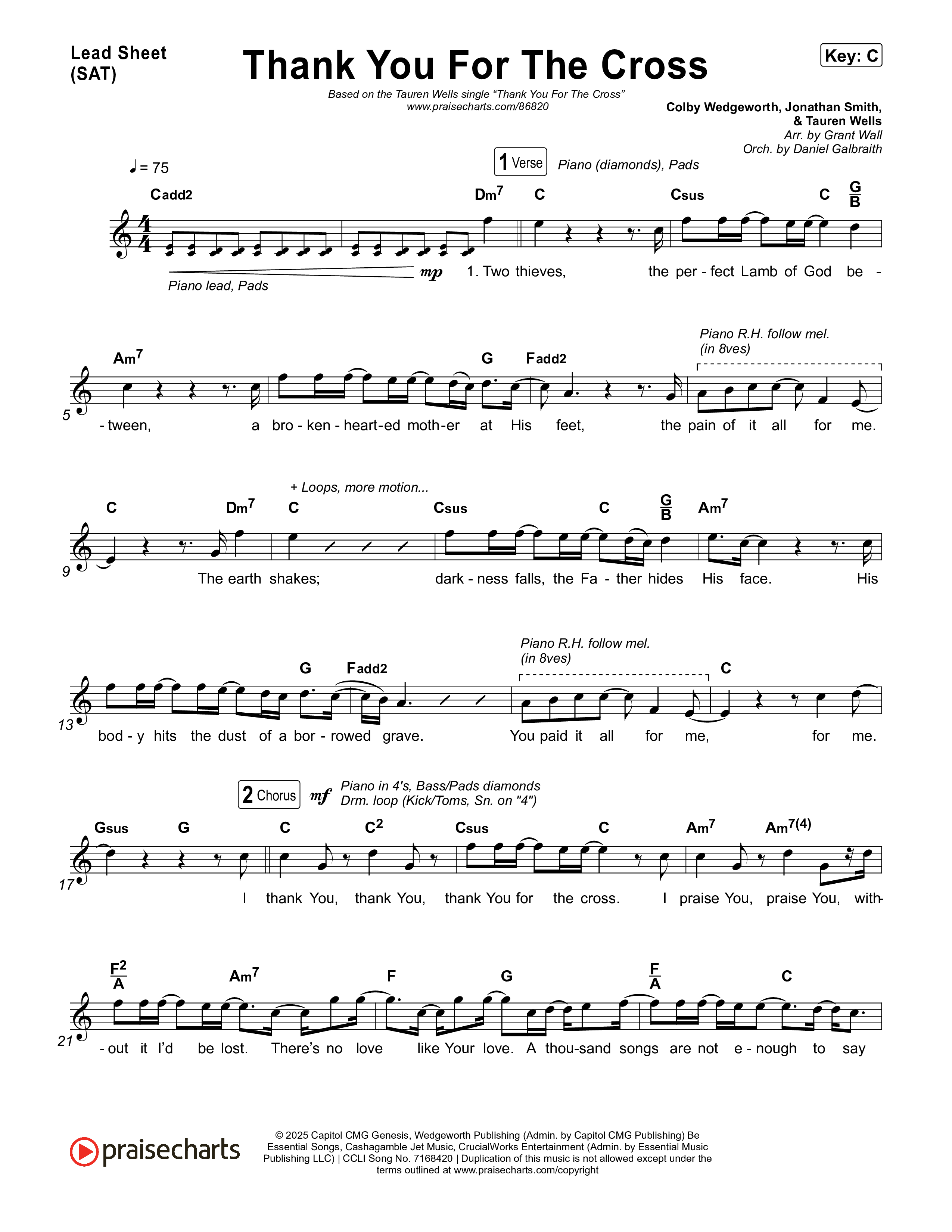 Thank You For The Cross Lead Sheet (SAT) (Tauren Wells)