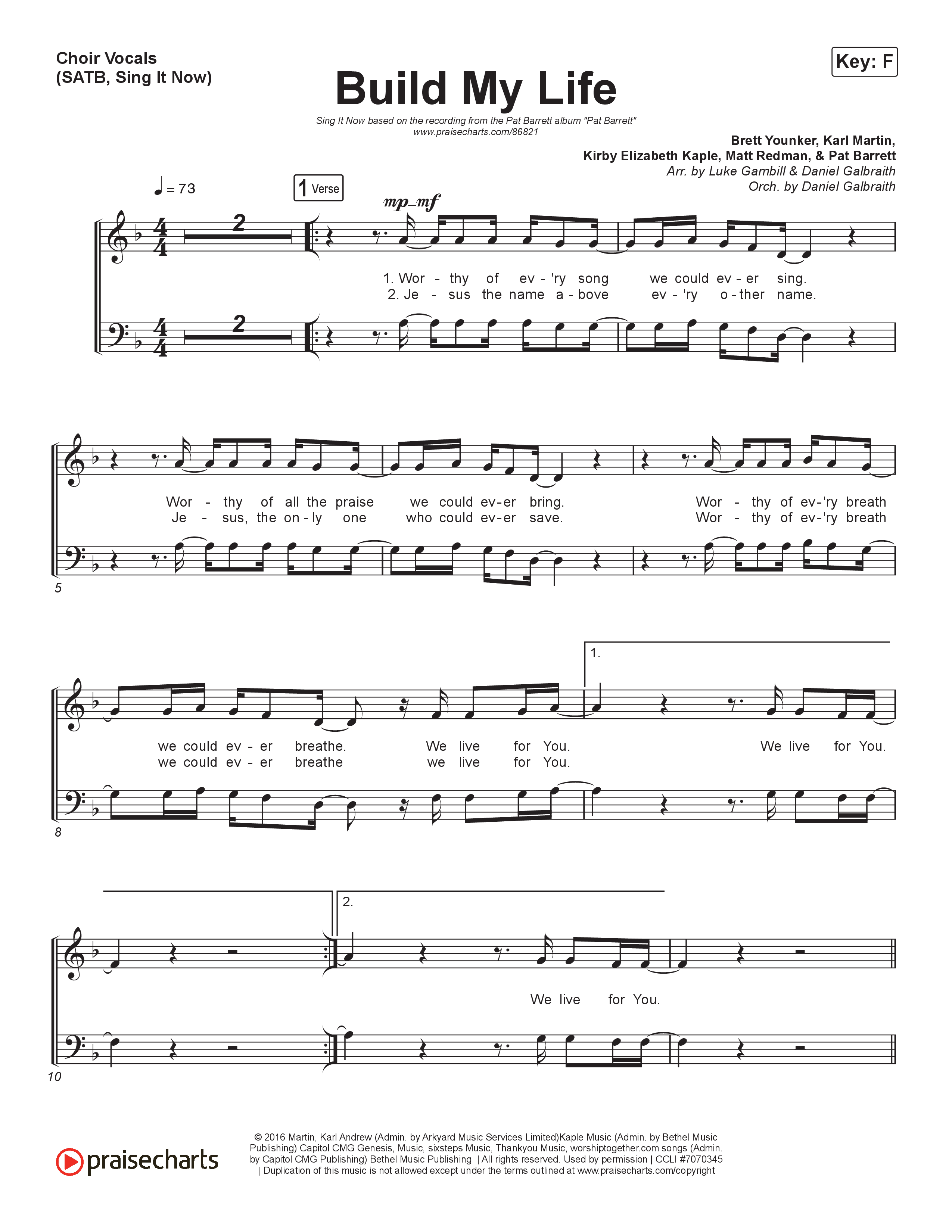 Build My Life (Sing It Now) Choir Sheet (SATB) (Pat Barrett / Arr. Luke Gambill)