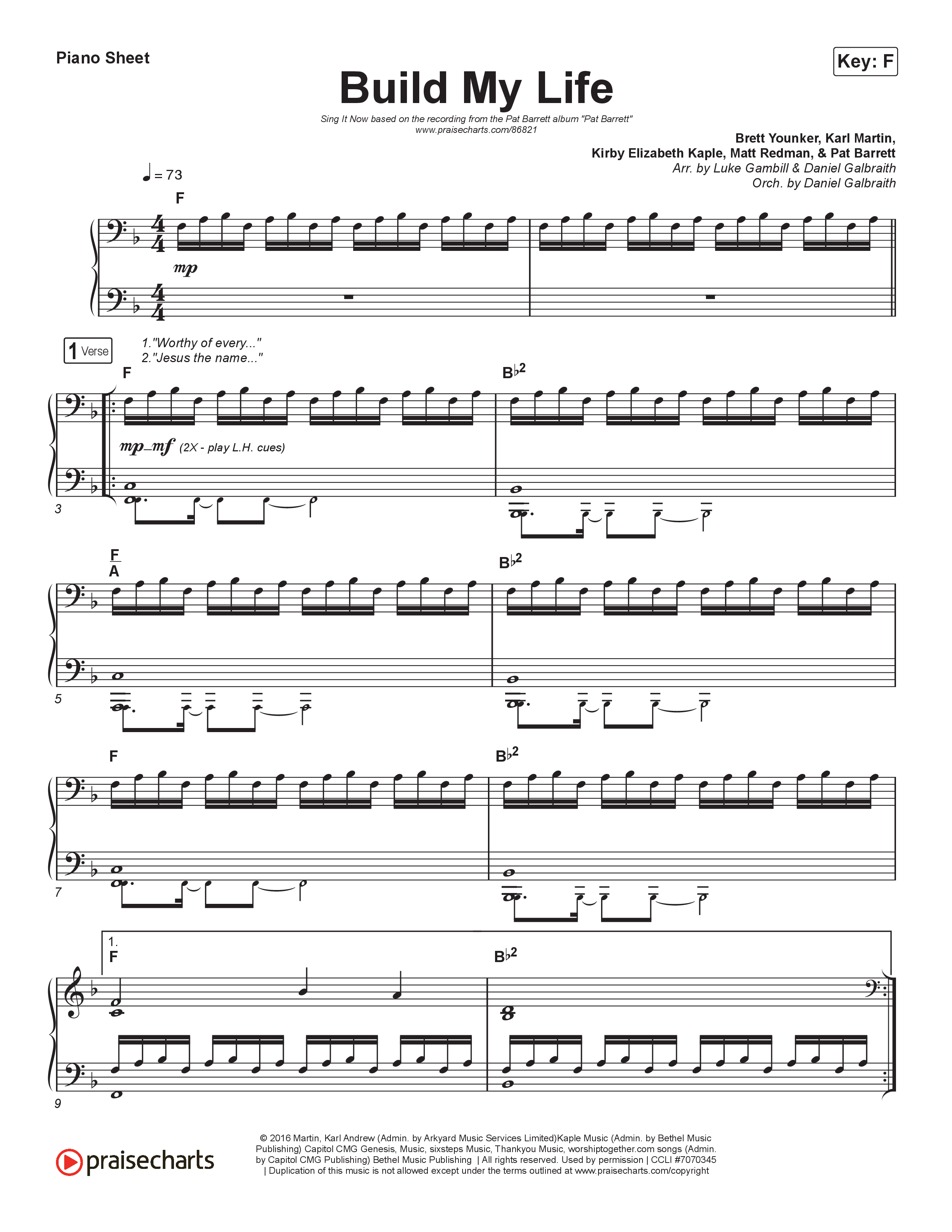 Build My Life (Sing It Now) Piano Sheet (Pat Barrett / Arr. Luke Gambill)