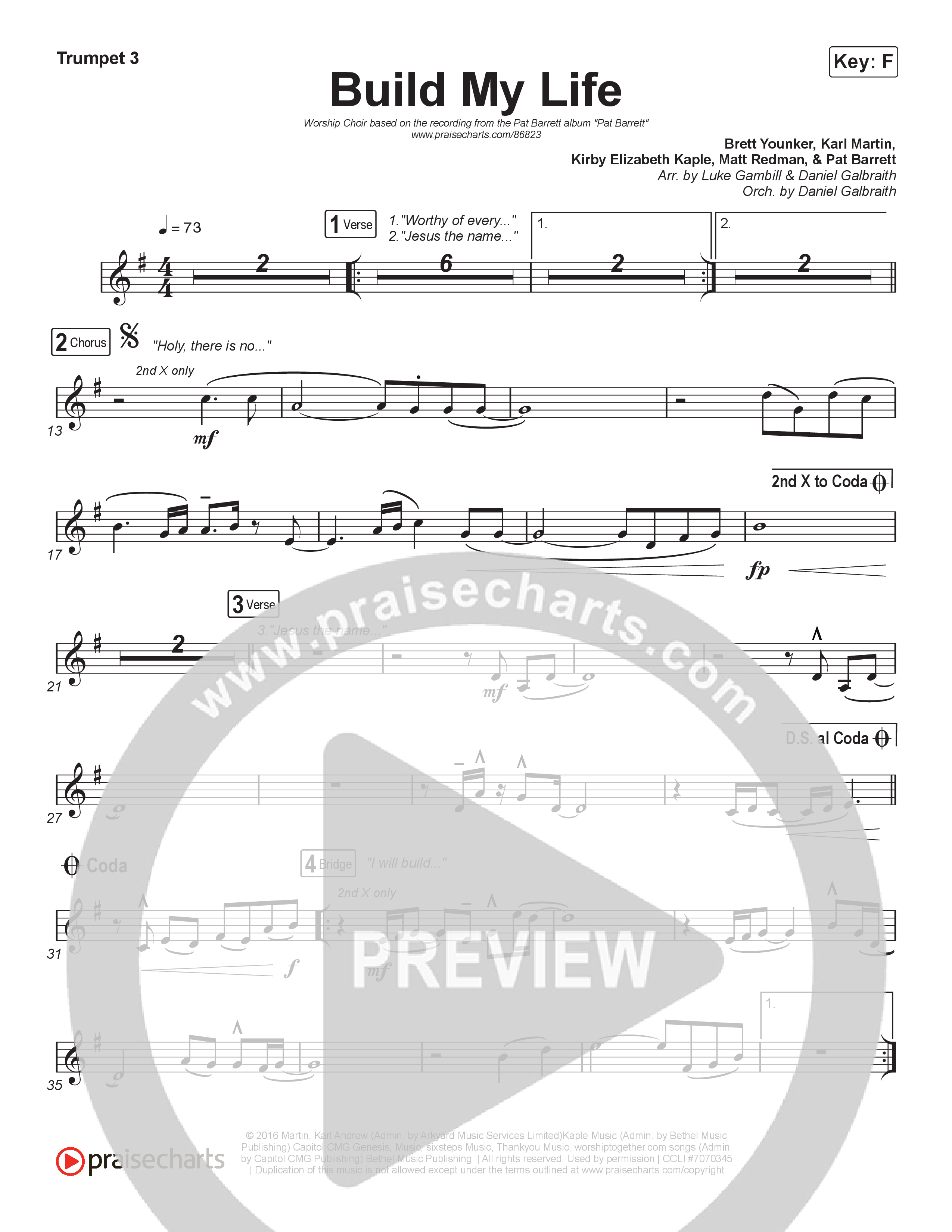 Build My Life (Worship Choir/SAB) Trumpet 3 (Pat Barrett / Arr. Luke Gambill)