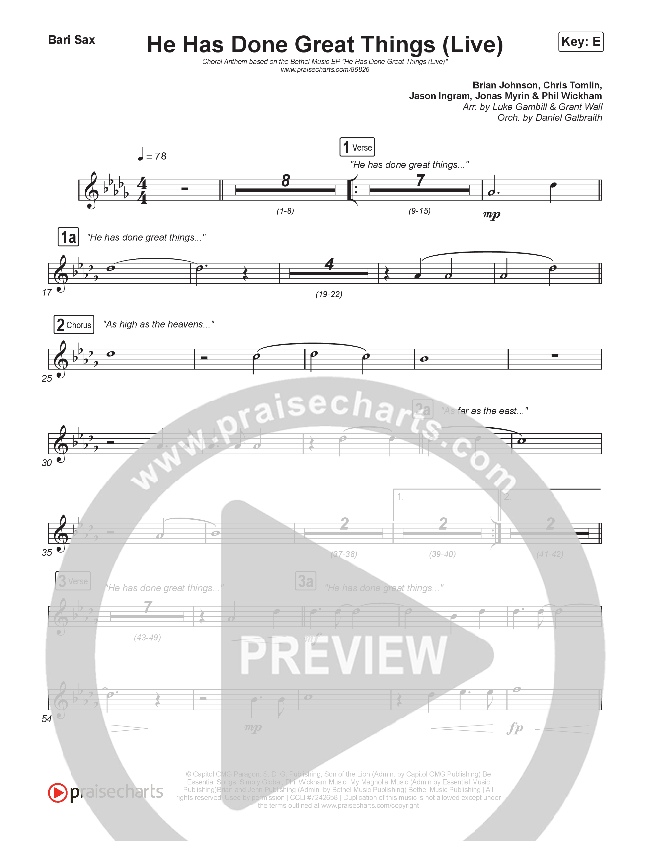 He Has Done Great Things (Choral Anthem SATB) Bari Sax (Bethel Music / Brian Johnson / Arr. Luke Gambill)