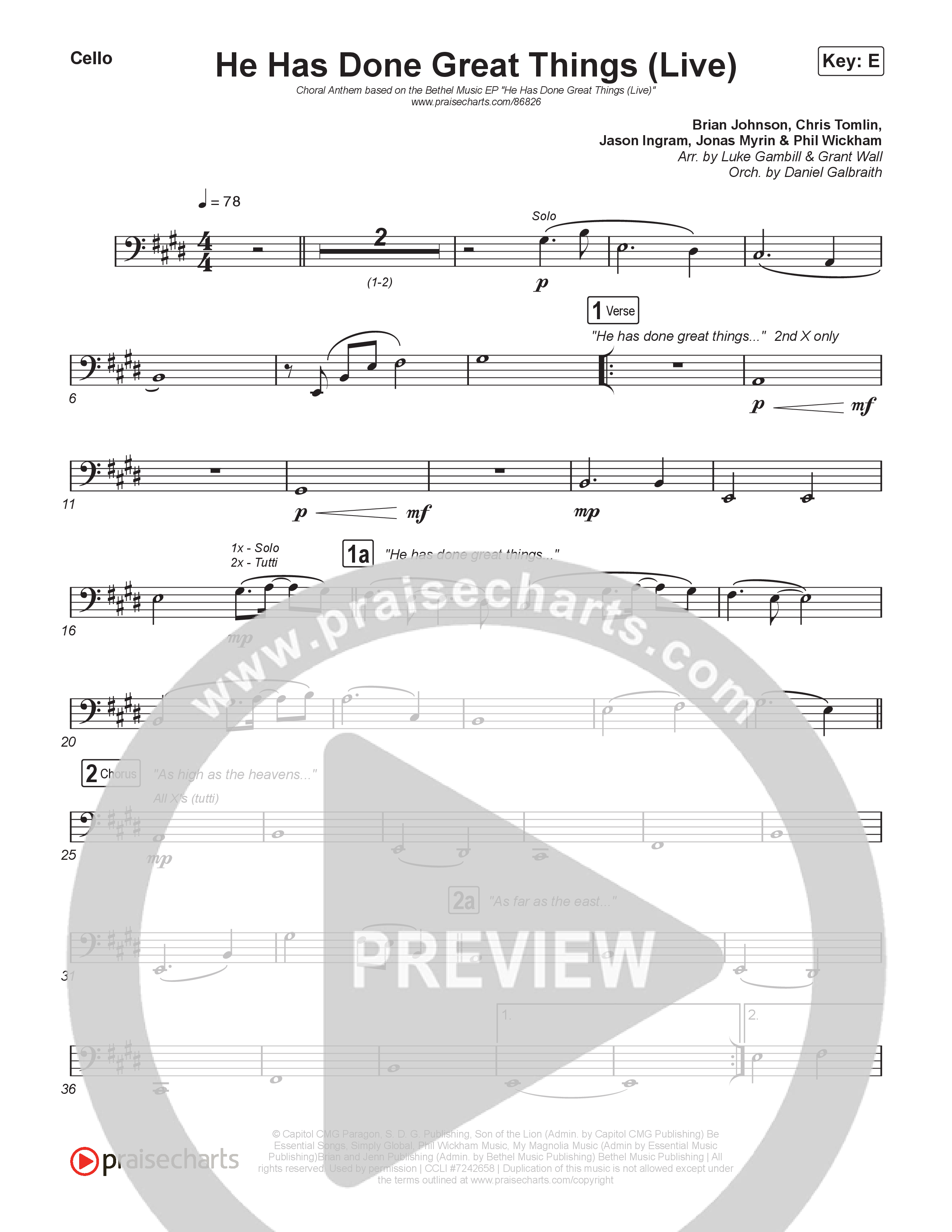 He Has Done Great Things (Choral Anthem SATB) Cello (Bethel Music / Brian Johnson / Arr. Luke Gambill)