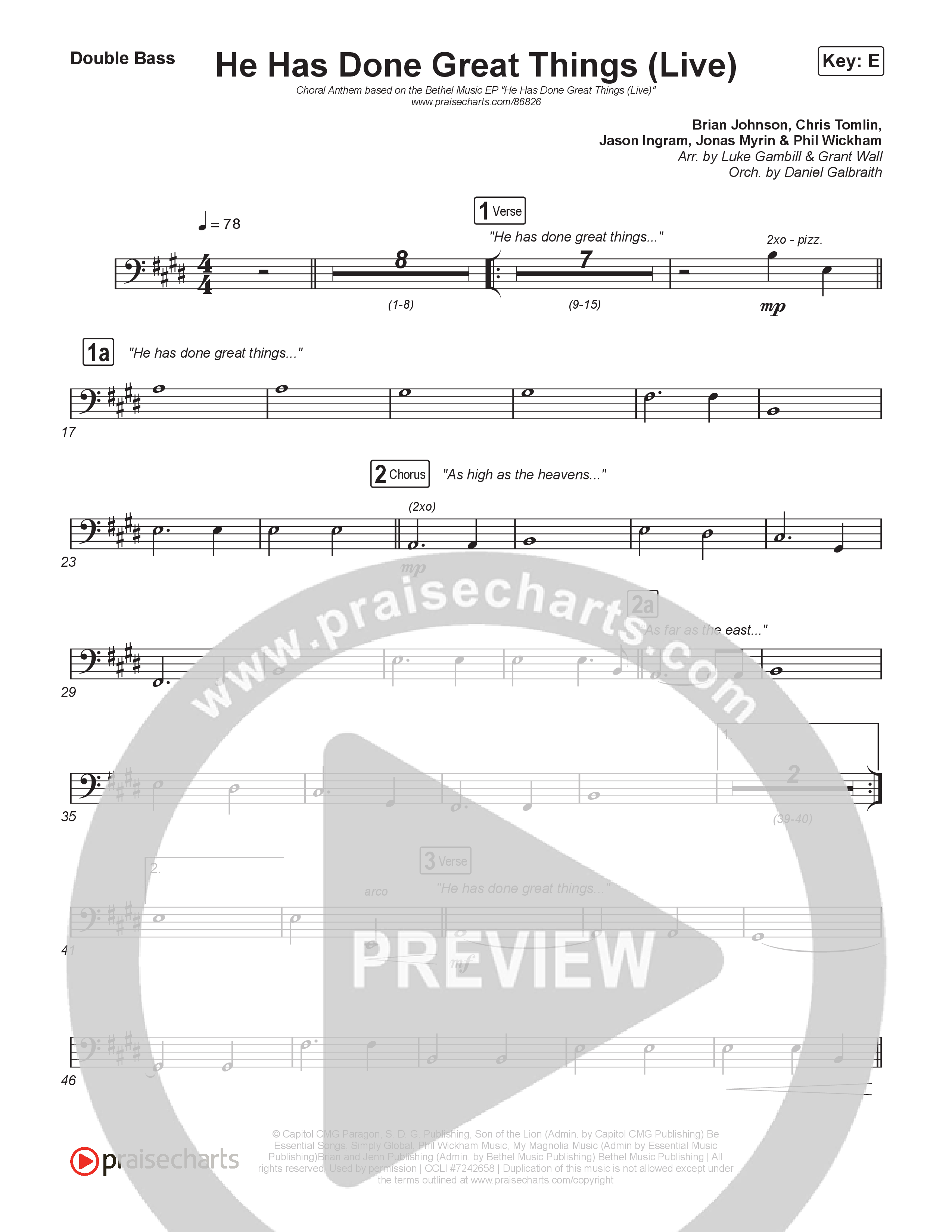 He Has Done Great Things (Choral Anthem SATB) String Bass (Bethel Music / Brian Johnson / Arr. Luke Gambill)