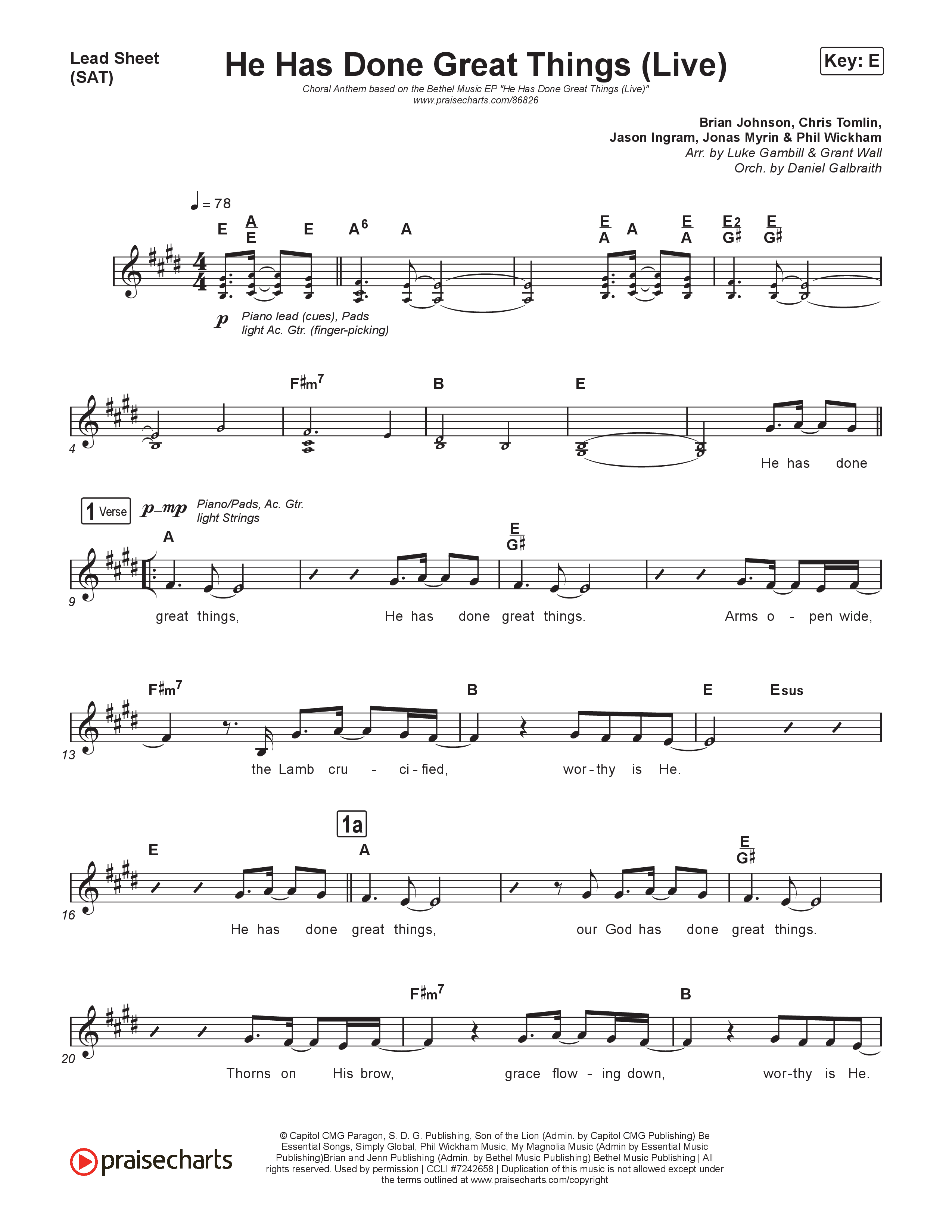 He Has Done Great Things (Choral Anthem SATB) Lead Sheet (SAT) (Bethel Music / Brian Johnson / Arr. Luke Gambill)