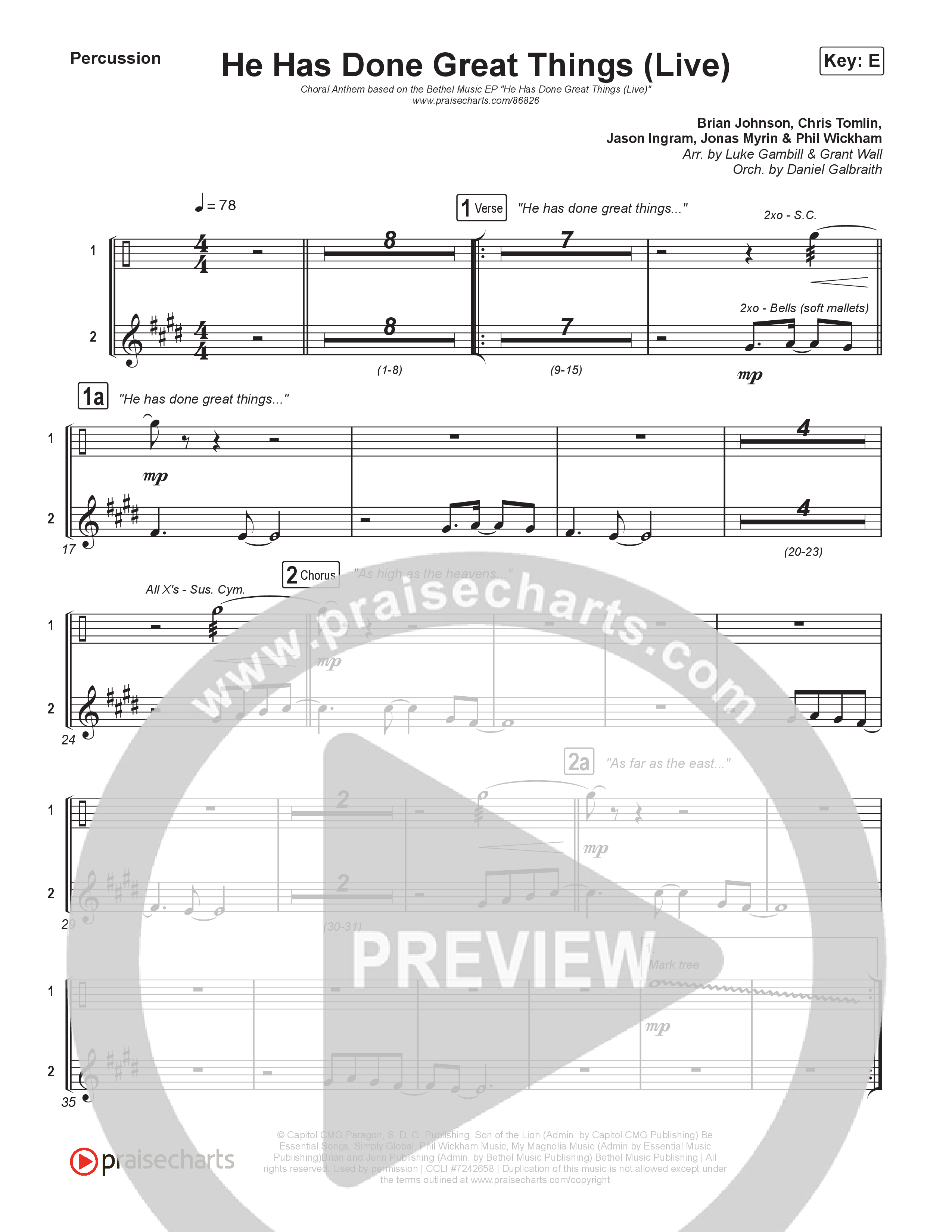 He Has Done Great Things (Choral Anthem SATB) Percussion (Bethel Music / Brian Johnson / Arr. Luke Gambill)