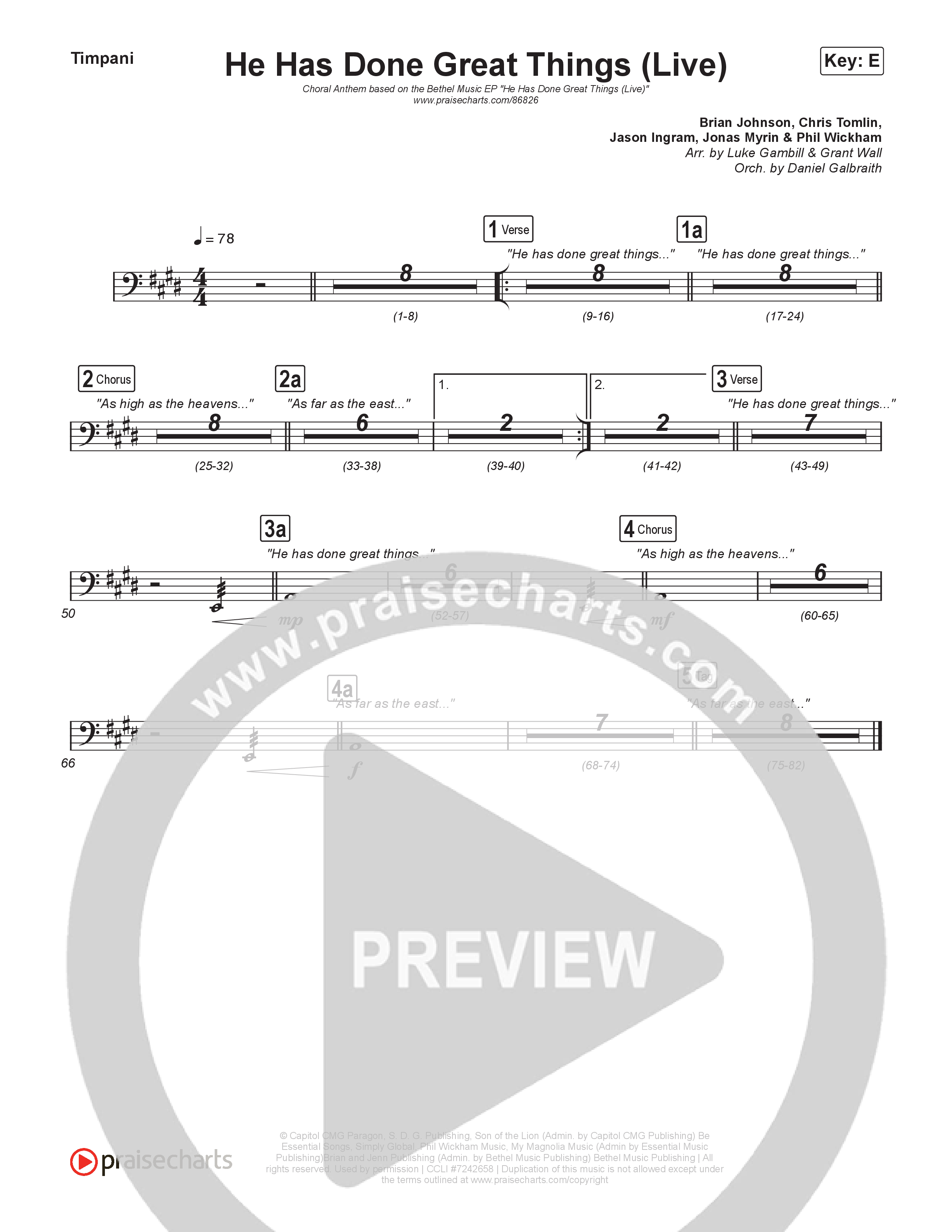 He Has Done Great Things (Choral Anthem SATB) Timpani (Bethel Music / Brian Johnson / Arr. Luke Gambill)