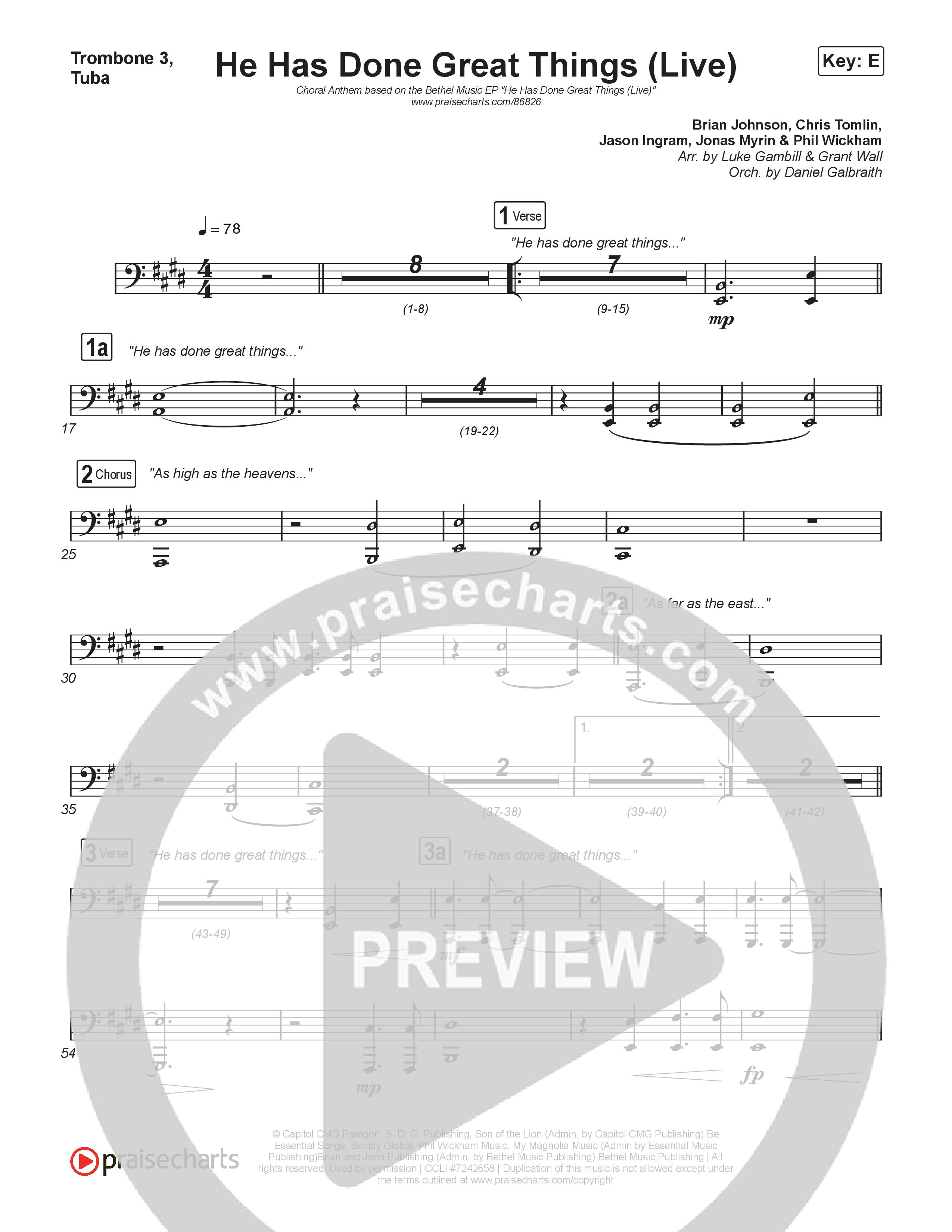 He Has Done Great Things (Choral Anthem SATB) Trombone 3/Tuba (Bethel Music / Brian Johnson / Arr. Luke Gambill)