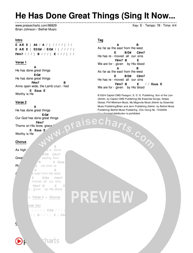 He Has Done Great Things (Sing It Now) Chords & Lyrics (Bethel Music / Brian Johnson / Arr. Luke Gambill)
