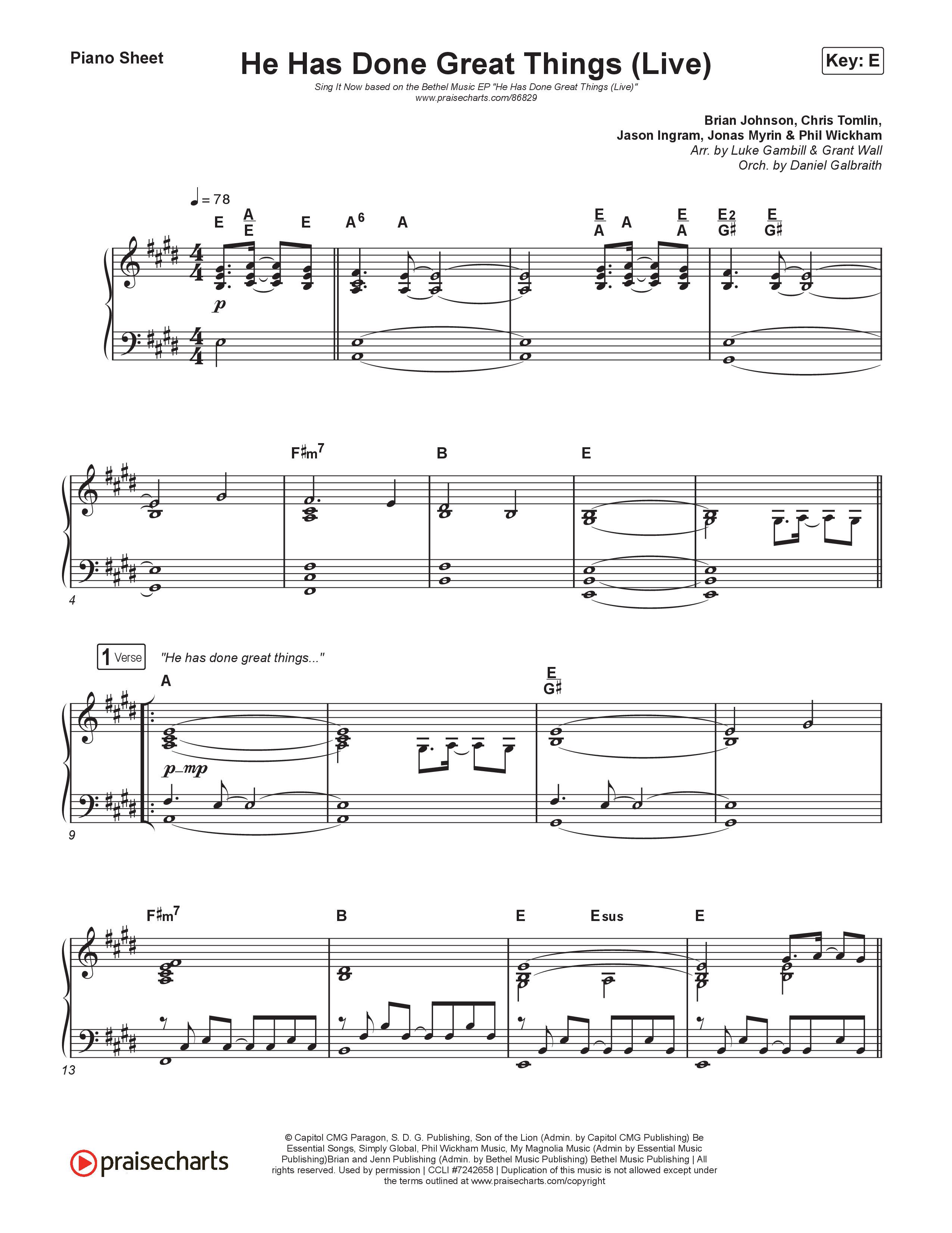 He Has Done Great Things (Sing It Now) Piano Sheet (Bethel Music / Brian Johnson / Arr. Luke Gambill)