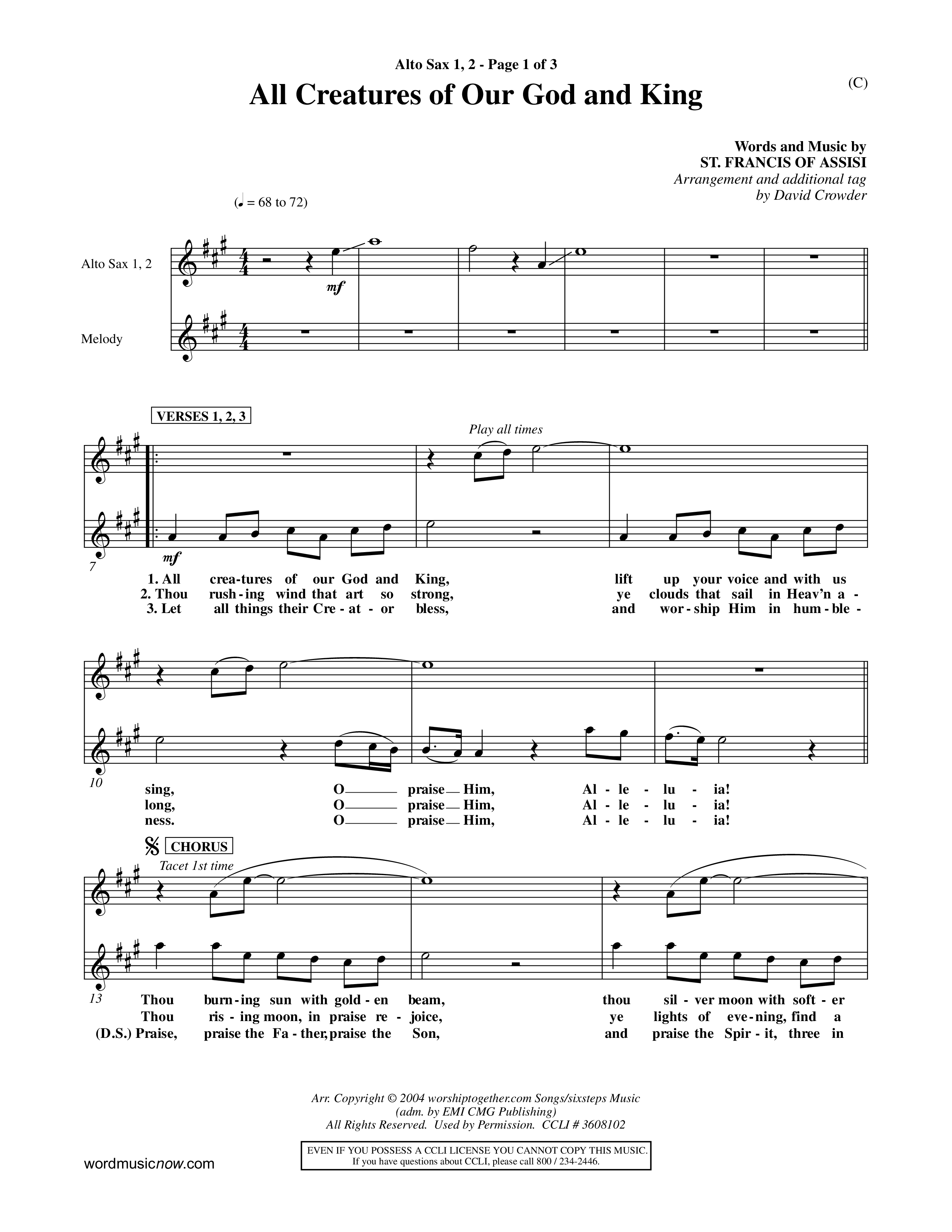 All Creatures Of Our God and King (Crowder) (Choral Anthem SATB) Alto Sax 1/2 (Word Music Choral / Arr. David Crowder)
