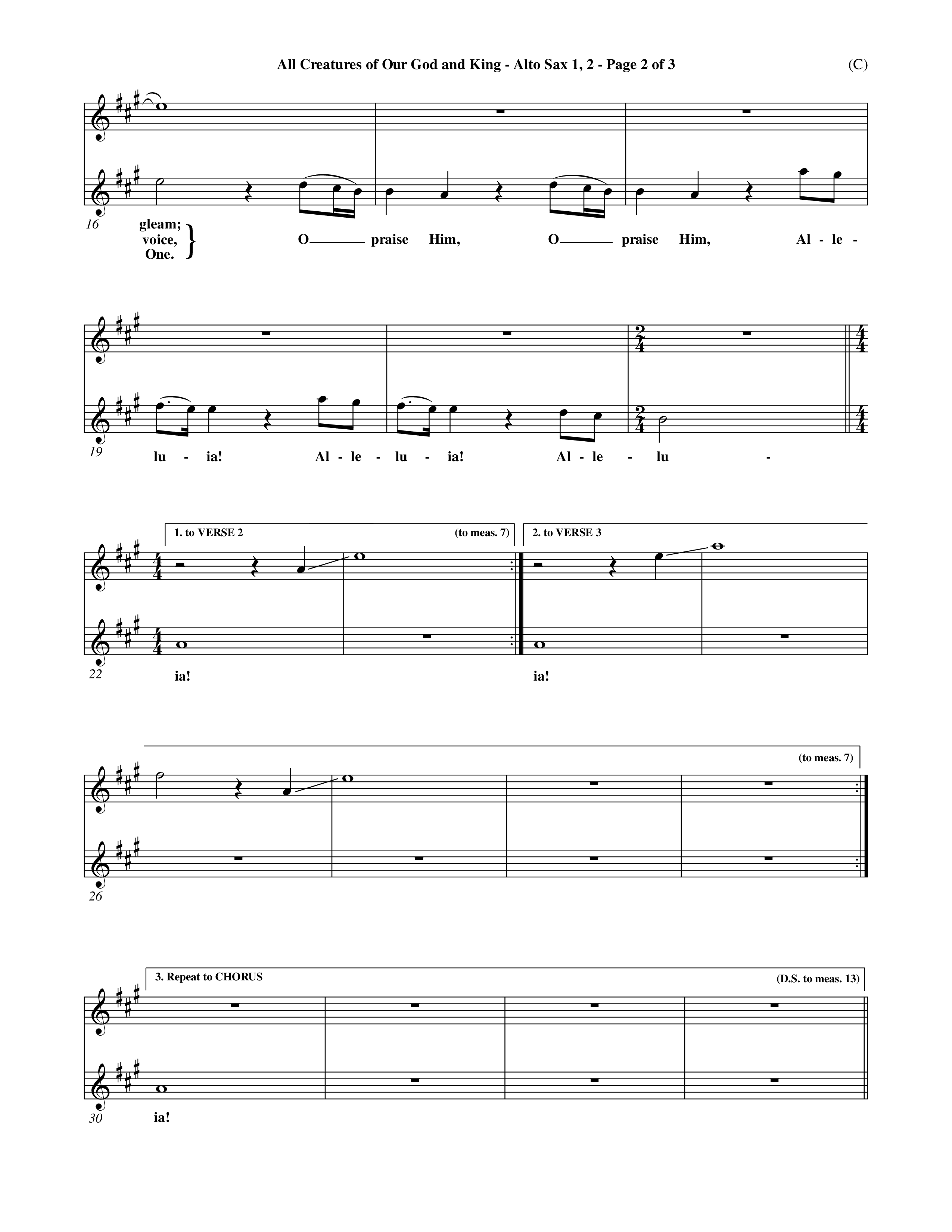 All Creatures Of Our God and King (Crowder) (Choral Anthem SATB) Alto Sax 1/2 (Word Music Choral / Arr. David Crowder)
