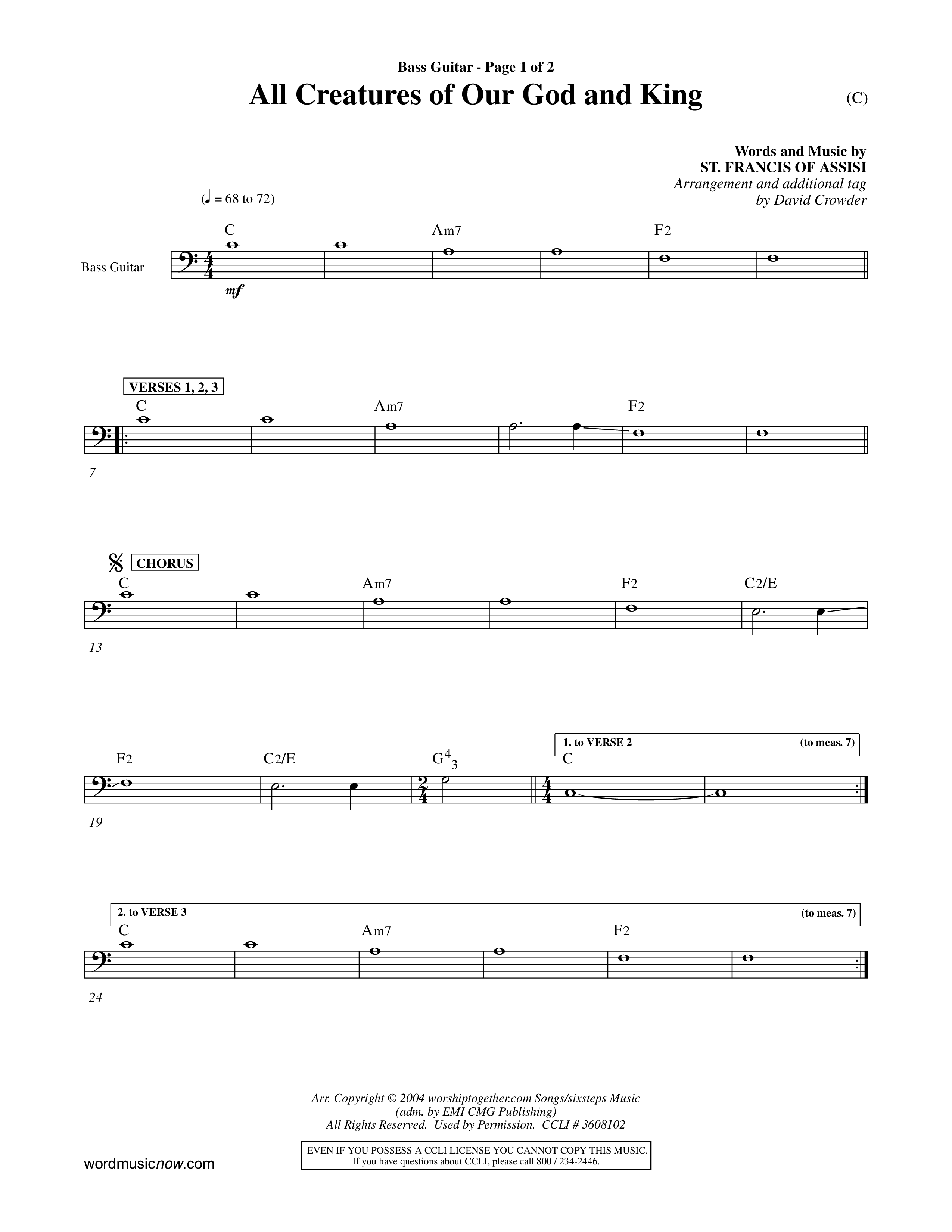 All Creatures Of Our God and King (Crowder) (Choral Anthem SATB) Bass Guitar (Word Music Choral / Arr. David Crowder)