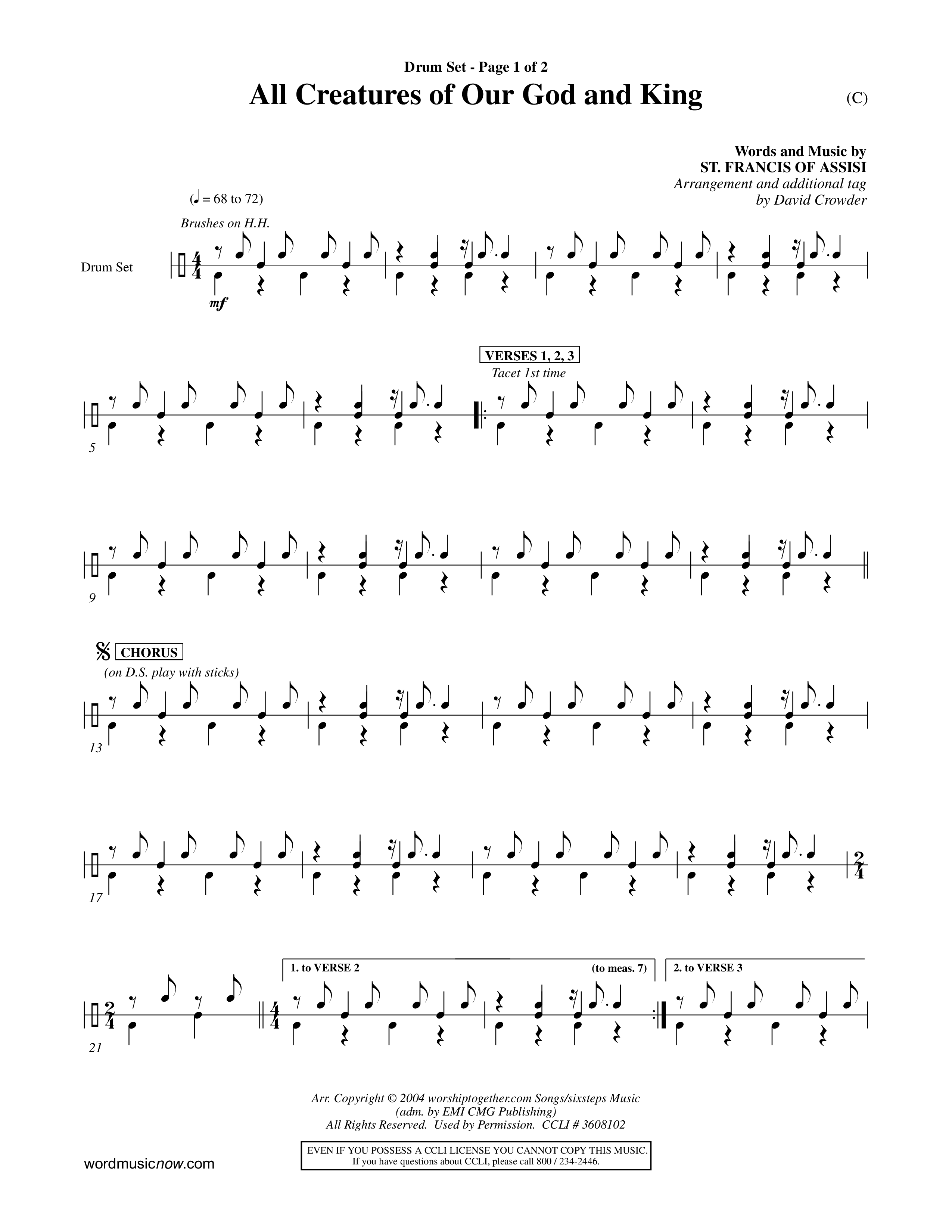 All Creatures Of Our God and King (Crowder) (Choral Anthem SATB) Drum Set (Word Music Choral / Arr. David Crowder)
