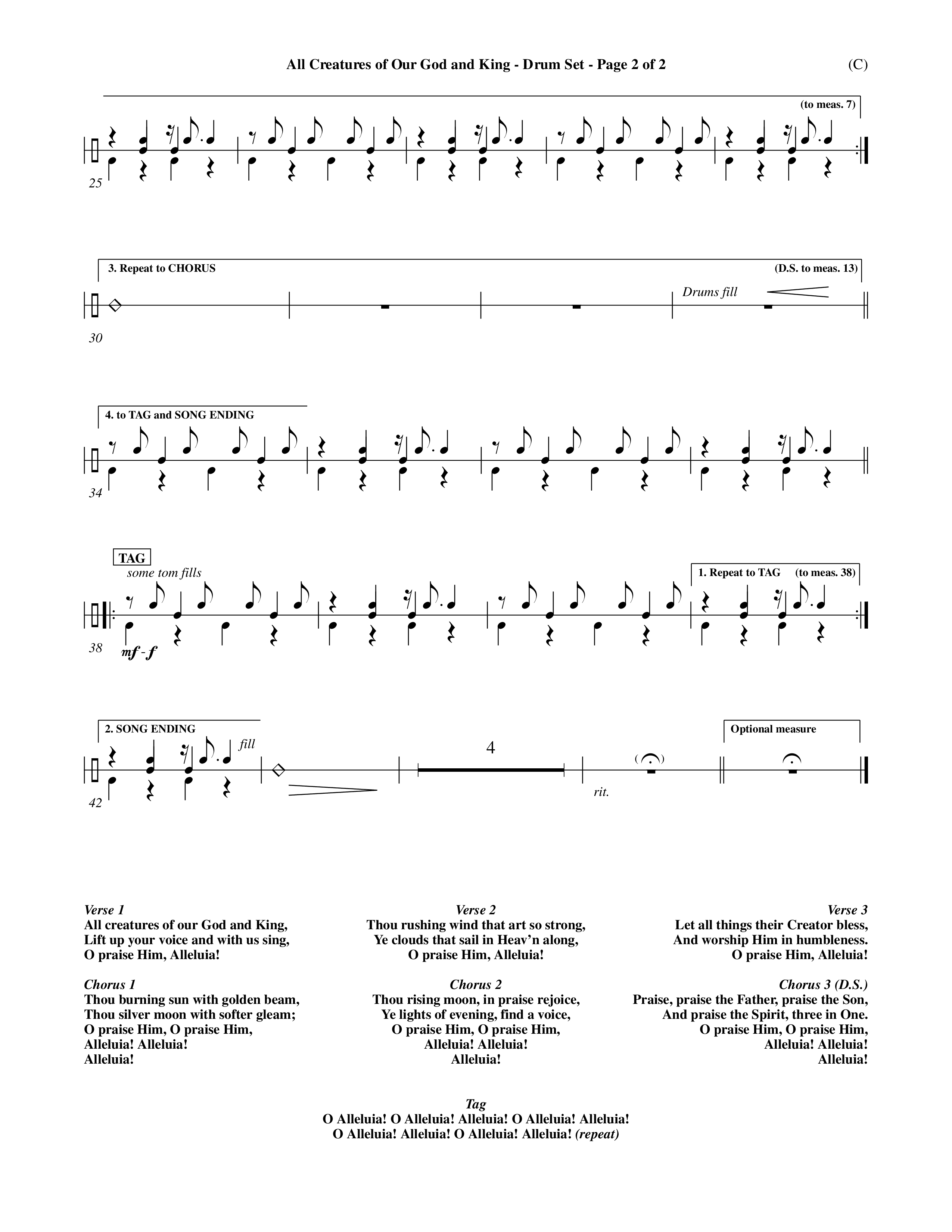All Creatures Of Our God and King (Crowder) (Choral Anthem SATB) Drum Set (Word Music Choral / Arr. David Crowder)