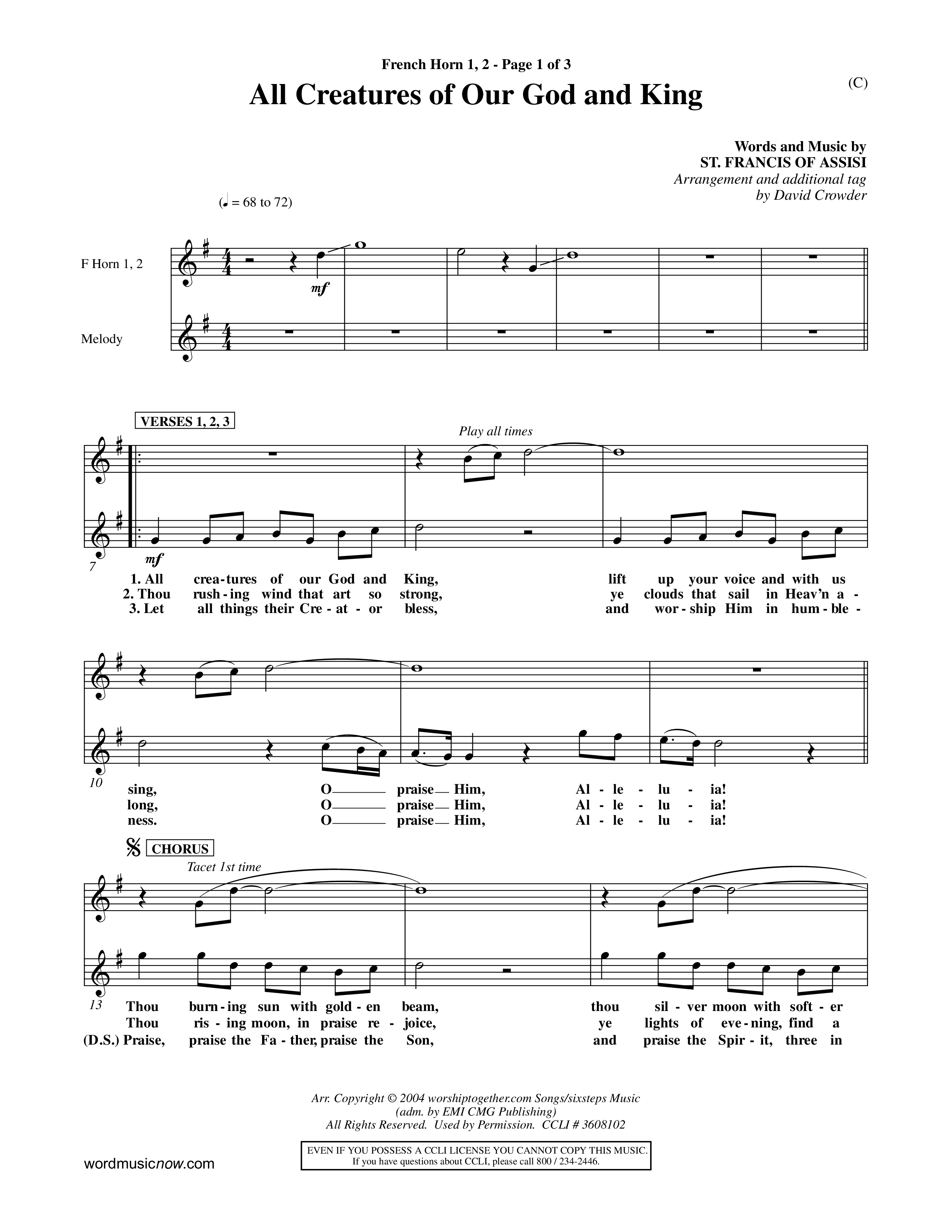 All Creatures Of Our God and King (Crowder) (Choral Anthem SATB) French Horn (Word Music Choral / Arr. David Crowder)