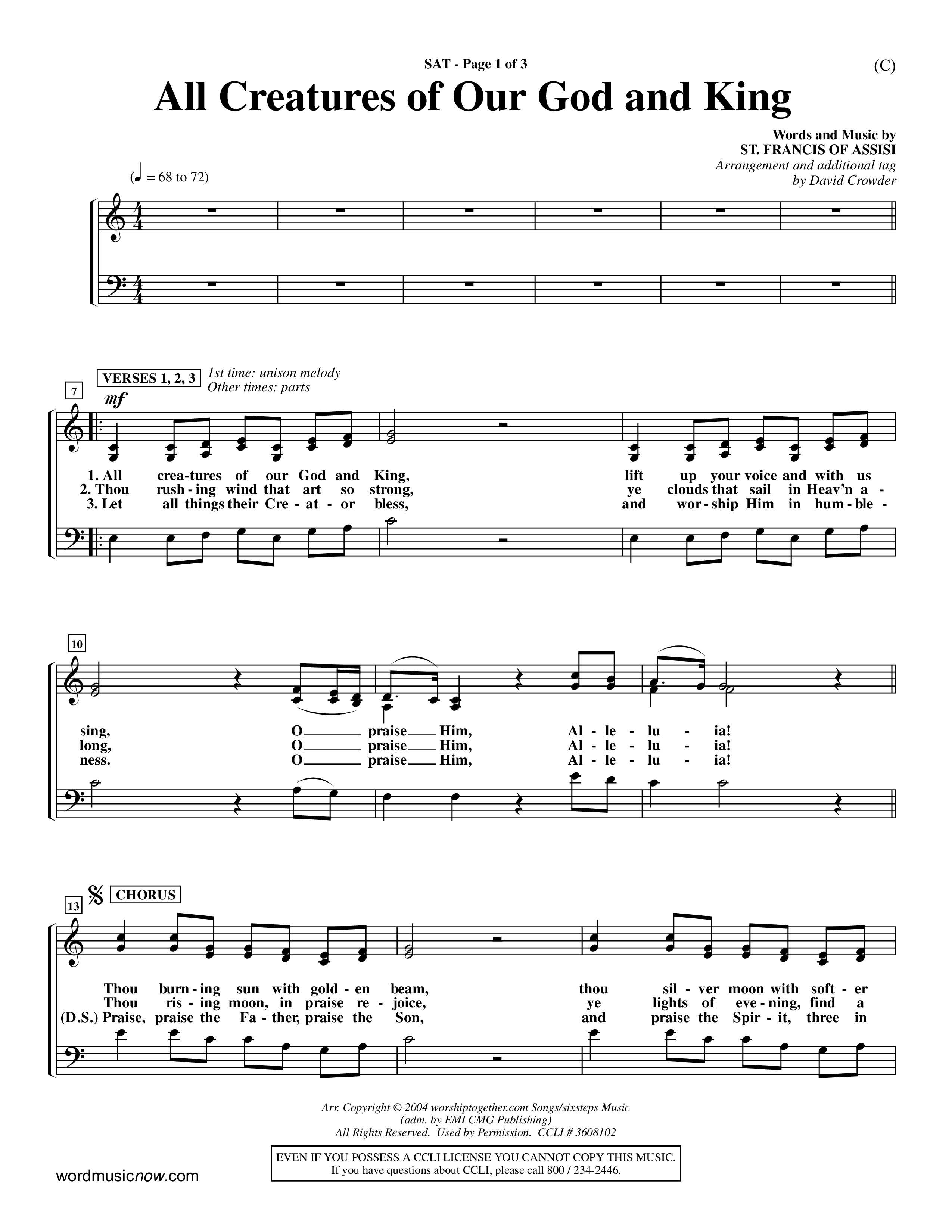 All Creatures Of Our God and King (Crowder) (Choral Anthem SATB) Lead Sheet (SAT) (Word Music Choral / Arr. David Crowder)