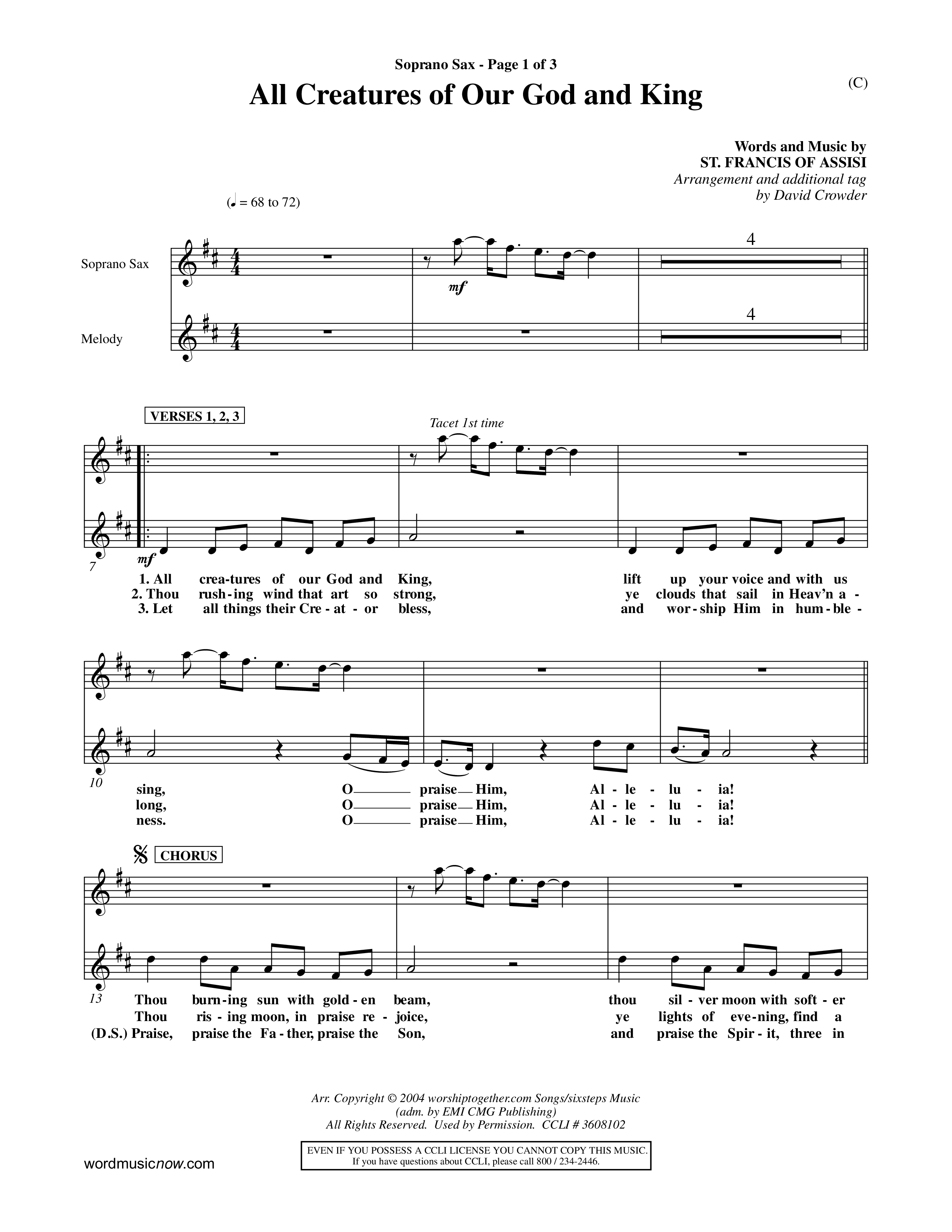All Creatures Of Our God and King (Crowder) (Choral Anthem SATB) Saxophone (Word Music Choral / Arr. David Crowder)