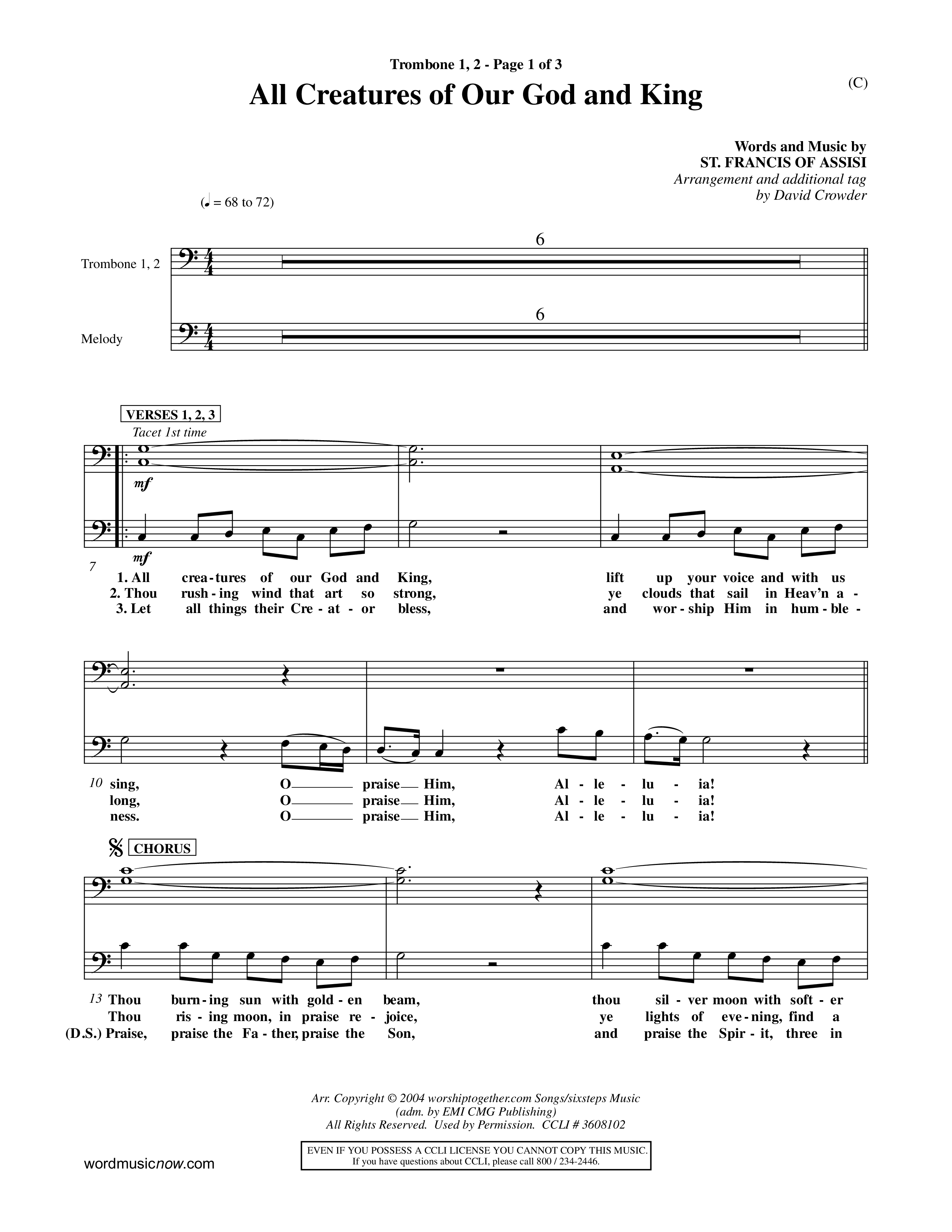 All Creatures Of Our God and King (Crowder) (Choral Anthem SATB) Trombone 1/2 (Word Music Choral / Arr. David Crowder)