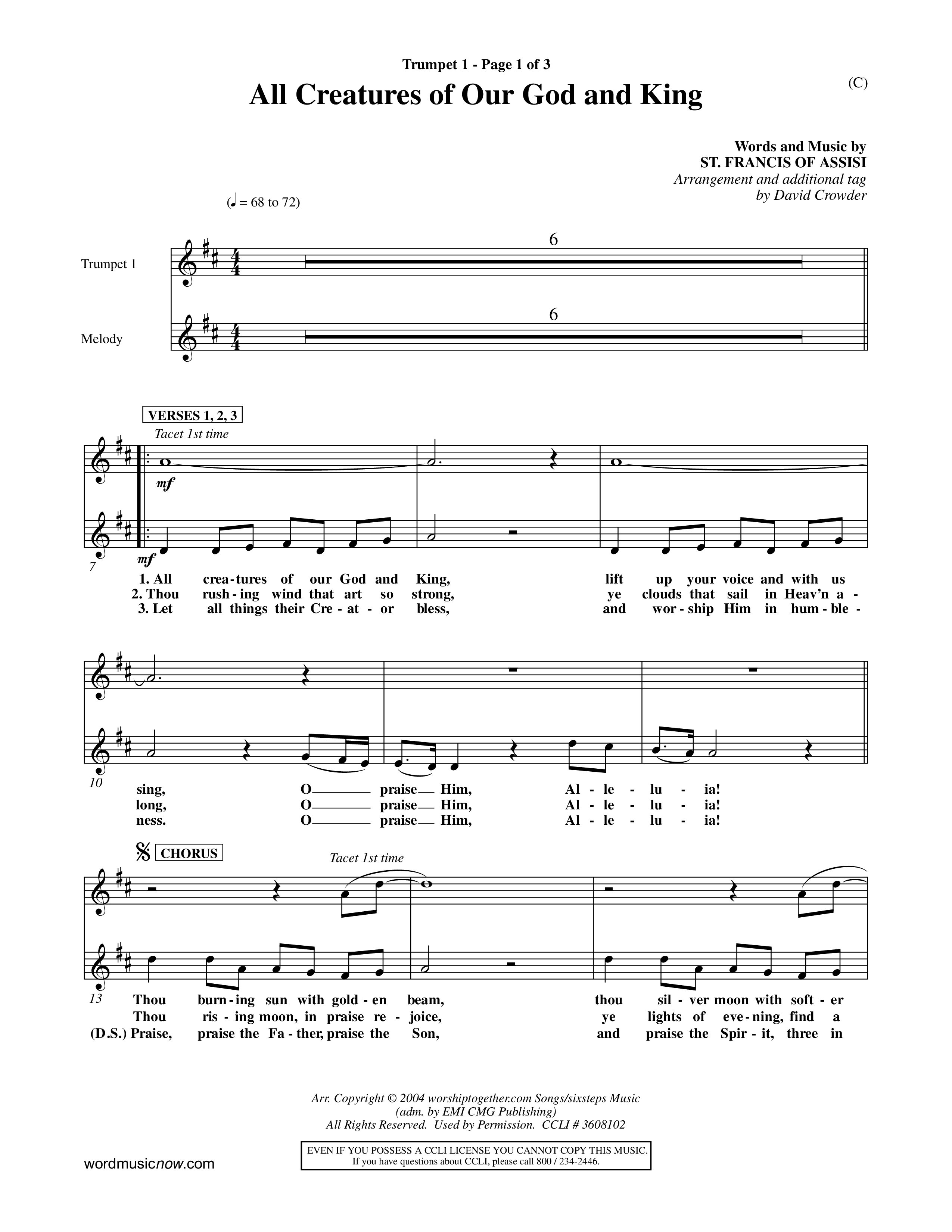 All Creatures Of Our God and King (Crowder) (Choral Anthem SATB) Trumpet 1 (Word Music Choral / Arr. David Crowder)