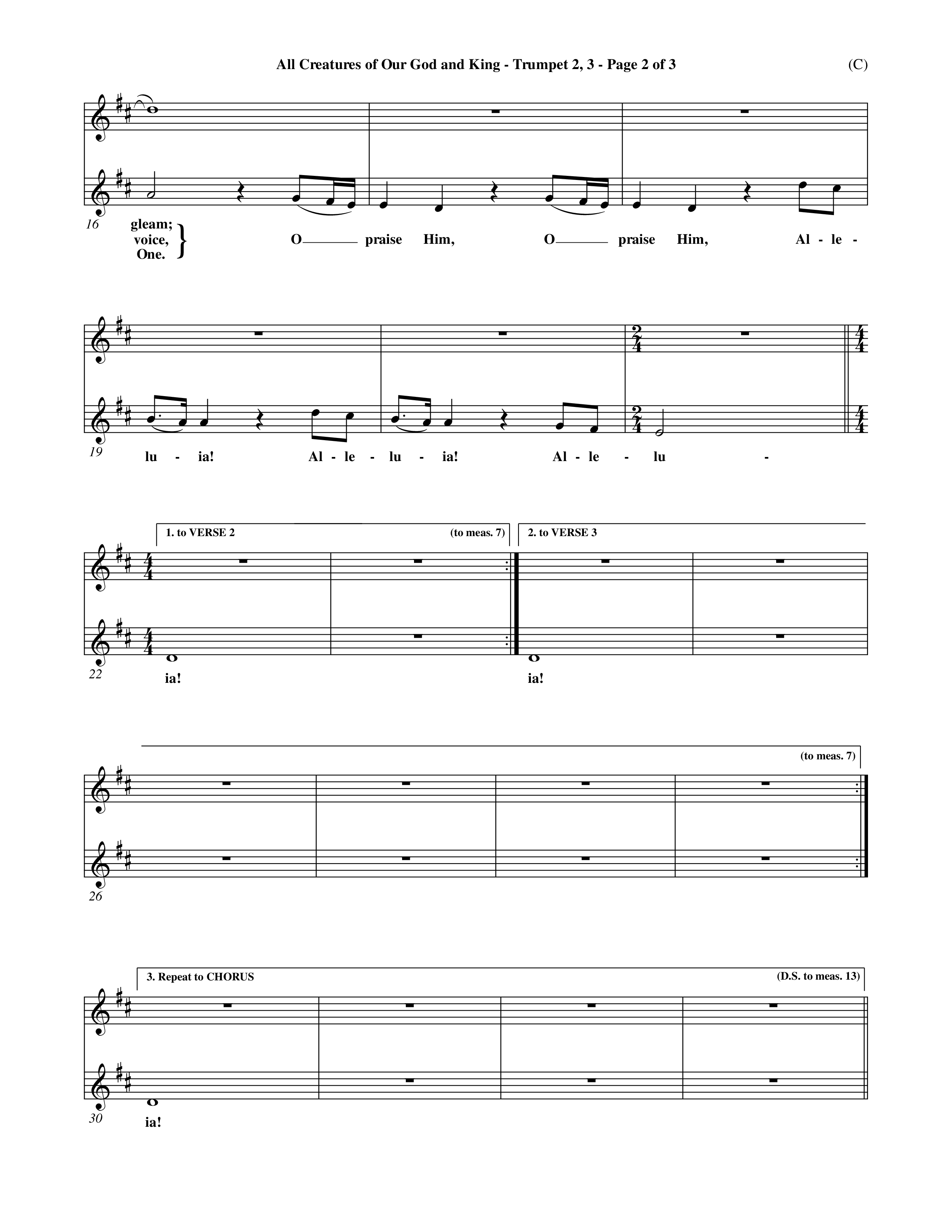 All Creatures Of Our God and King (Crowder) (Choral Anthem SATB) Trumpet 2/3 (Word Music Choral / Arr. David Crowder)