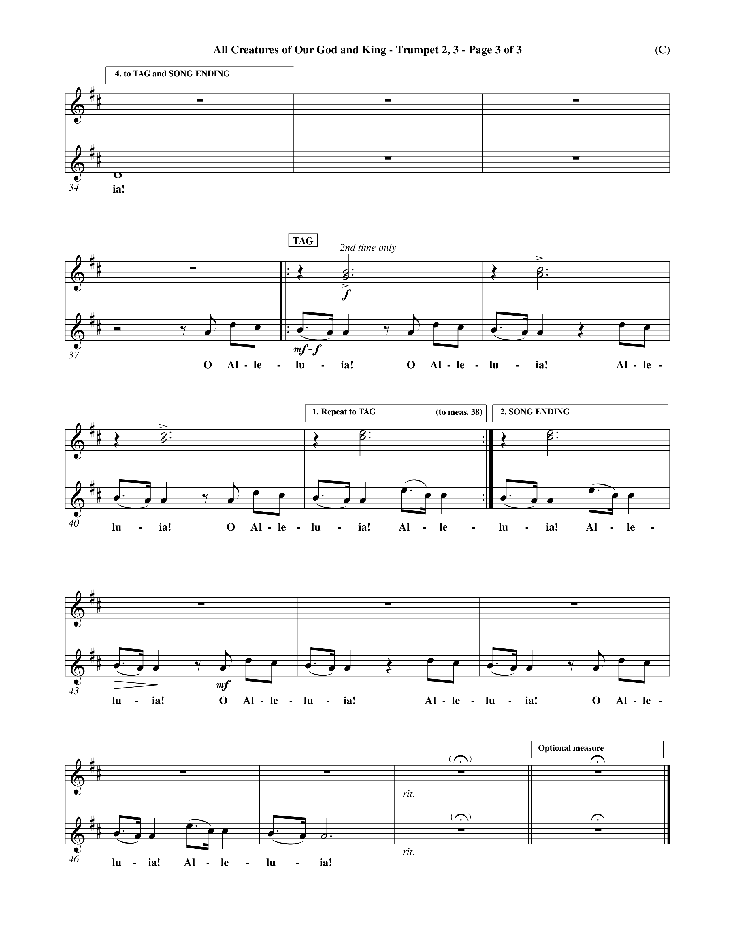 All Creatures Of Our God and King (Crowder) (Choral Anthem SATB) Trumpet 2/3 (Word Music Choral / Arr. David Crowder)