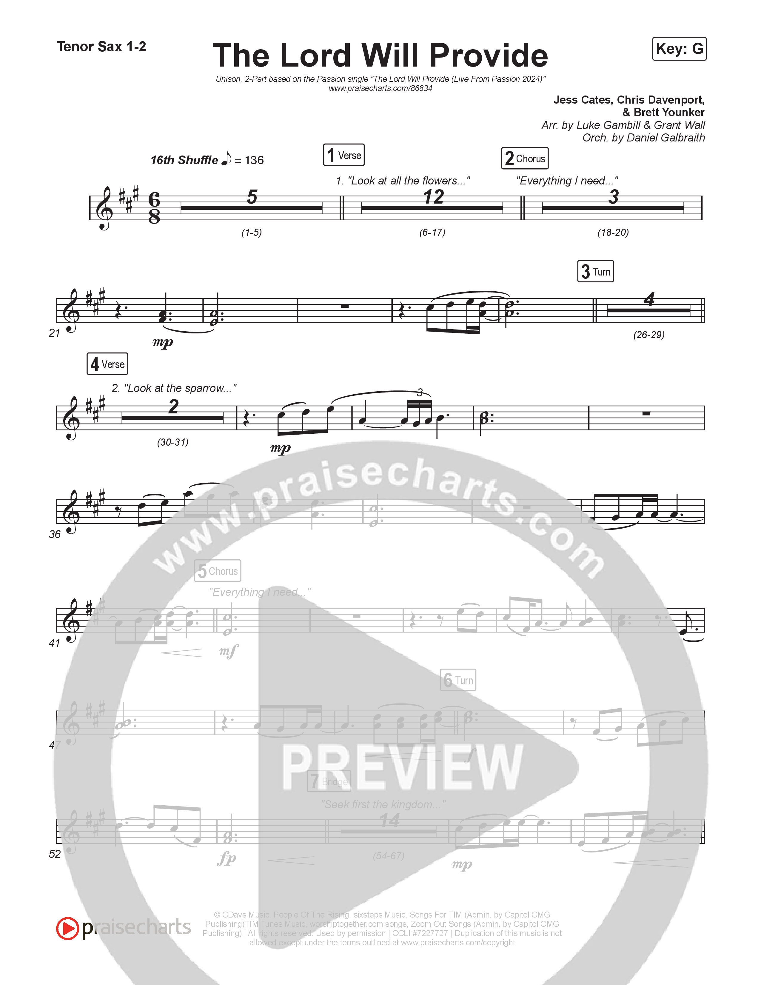The Lord Will Provide (Unison/2-Part) Tenor Sax 1/2 (Passion / Landon Wolfe / Arr. Luke Gambill)