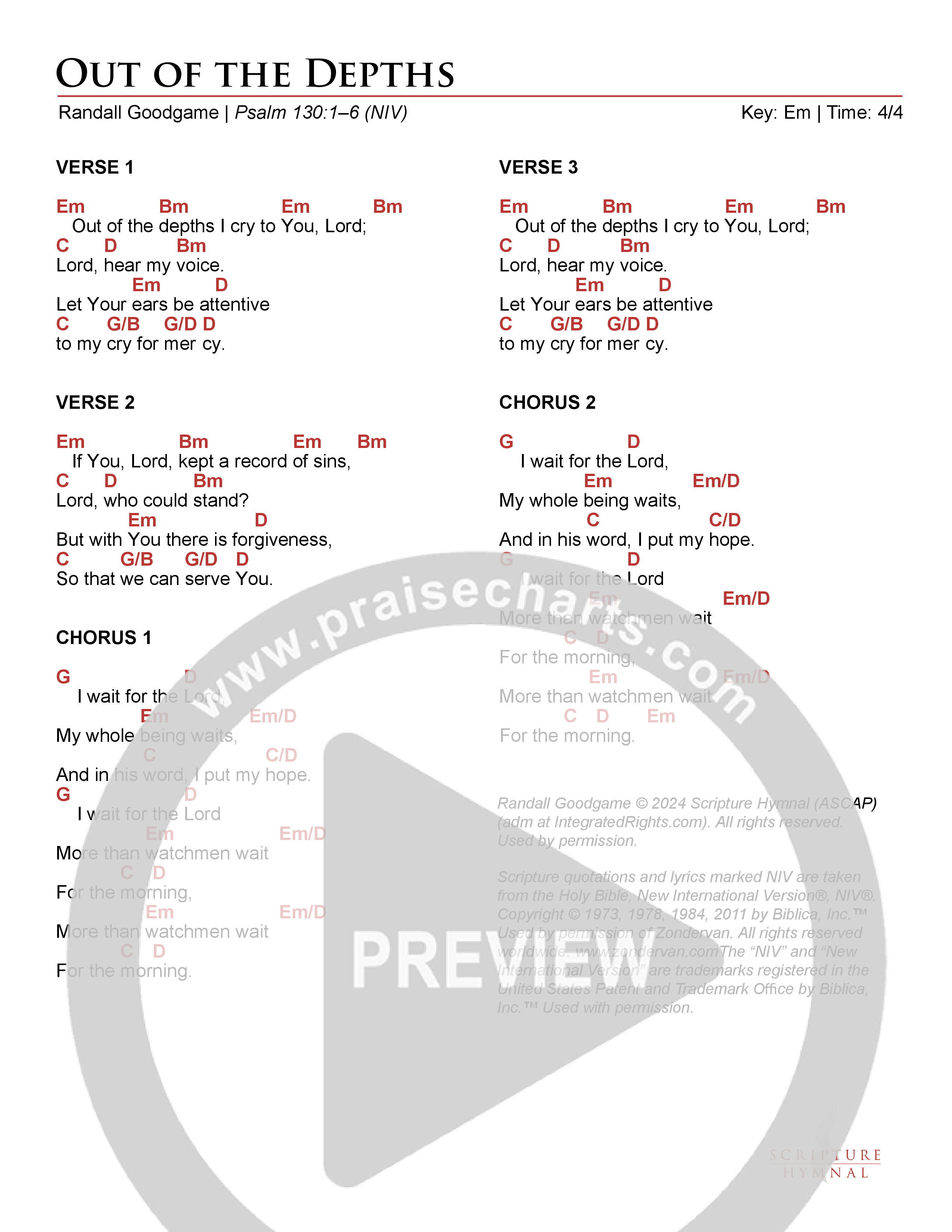 Out of the Depths Chord Chart (Scripture Hymnal)