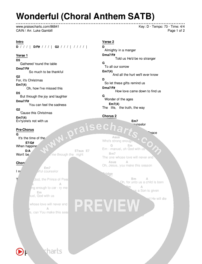 Wonderful (Choral Anthem SATB) Chords & Lyrics (CAIN / Arr. Luke Gambill)