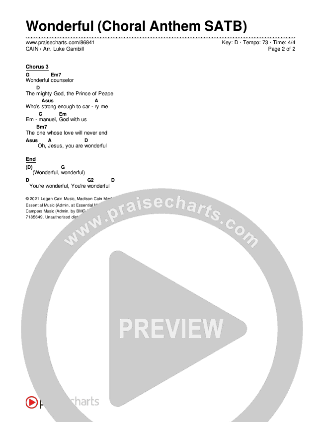 Wonderful (Choral Anthem SATB) Chords & Lyrics (CAIN / Arr. Luke Gambill)