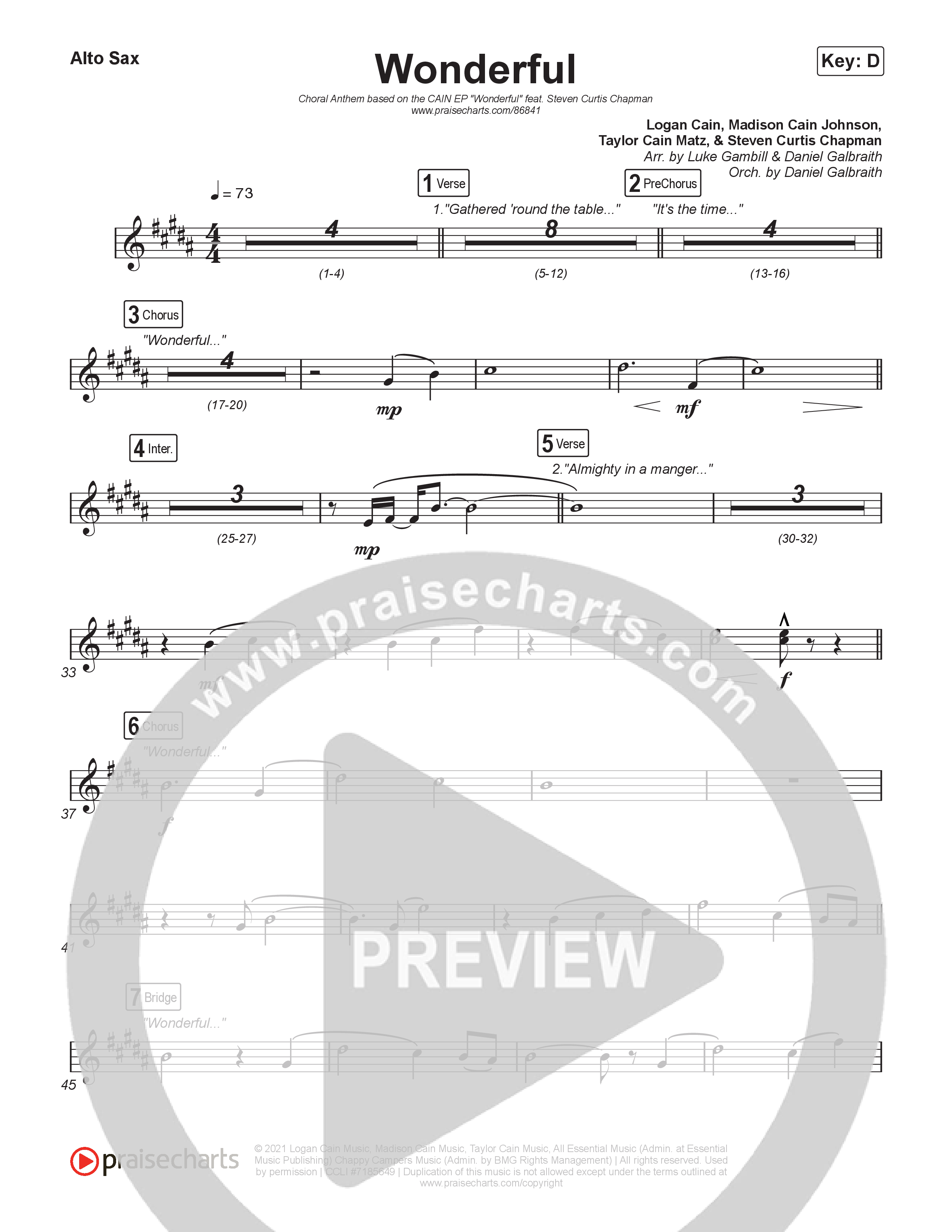 Wonderful (Choral Anthem SATB) Sax Pack (CAIN / Arr. Luke Gambill)