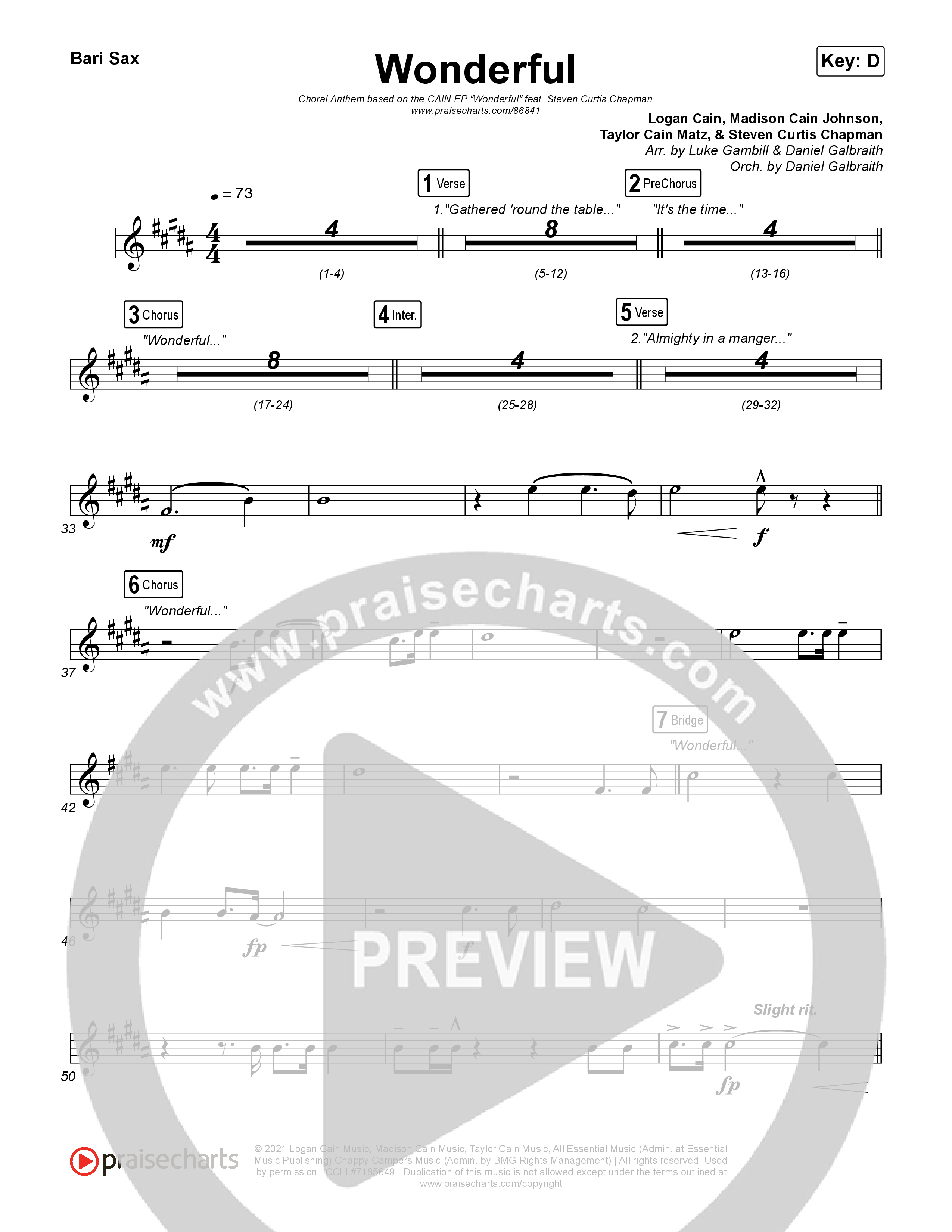 Wonderful (Choral Anthem SATB) Bari Sax (CAIN / Arr. Luke Gambill)