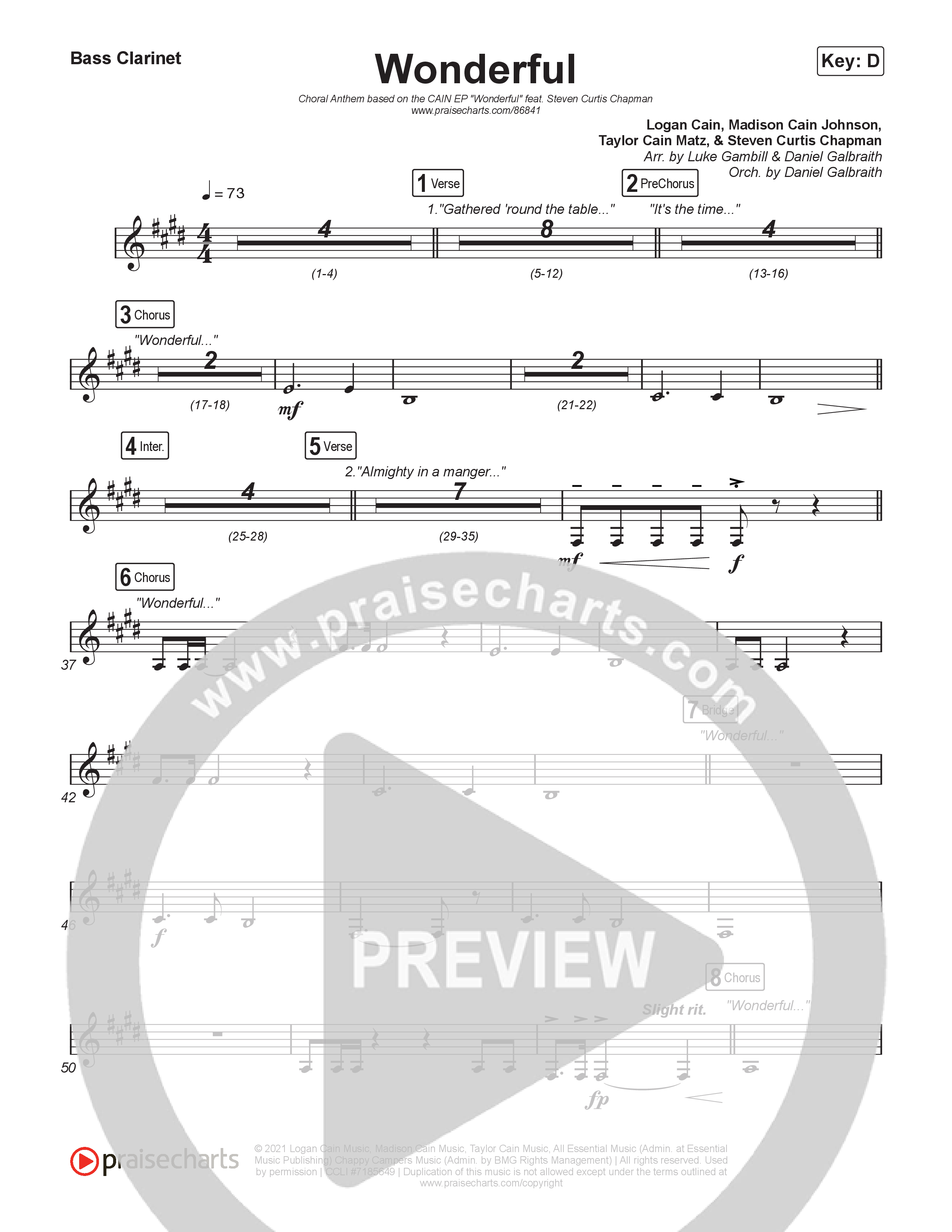 Wonderful (Choral Anthem SATB) Clarinet 1,2 (CAIN / Arr. Luke Gambill)