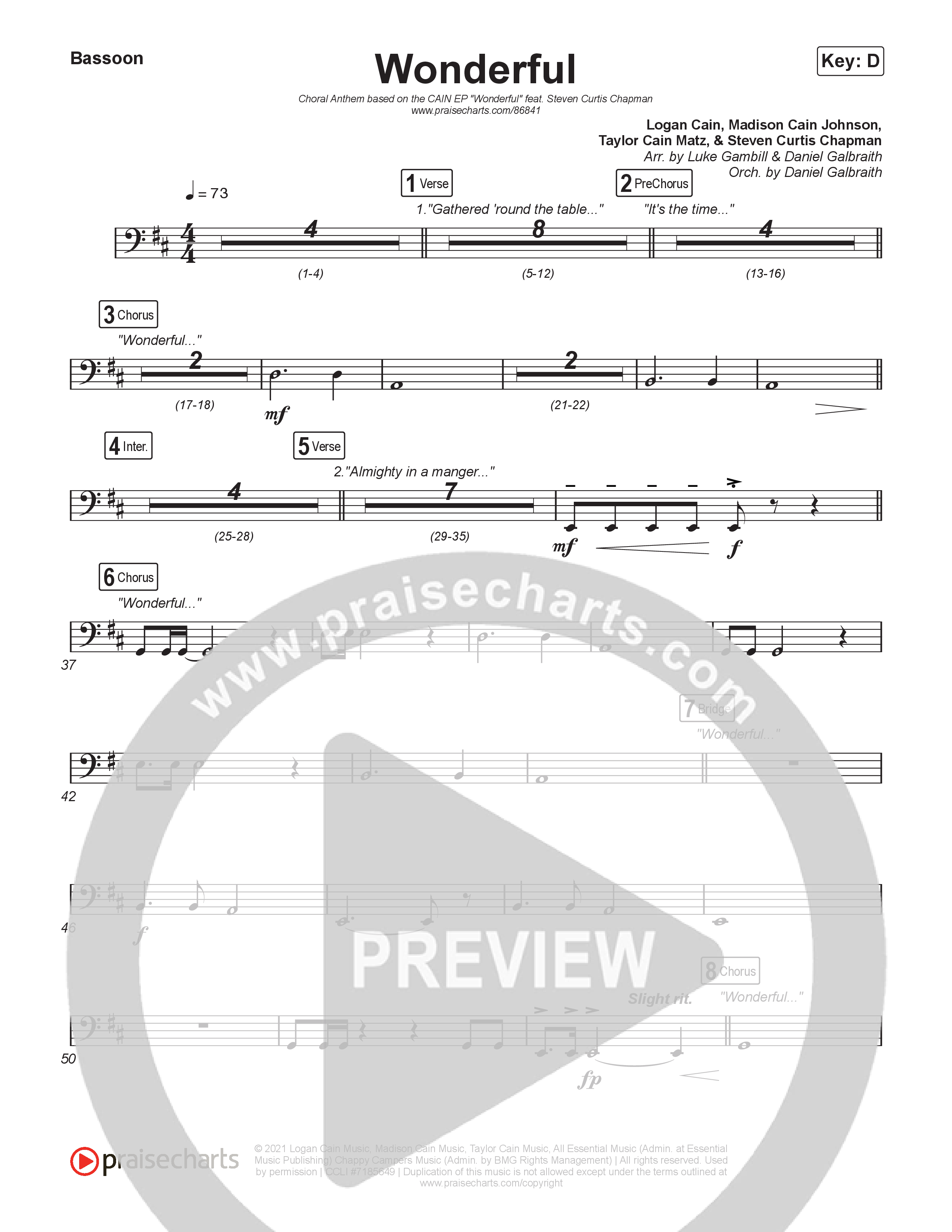 Wonderful (Choral Anthem SATB) Bassoon (CAIN / Arr. Luke Gambill)
