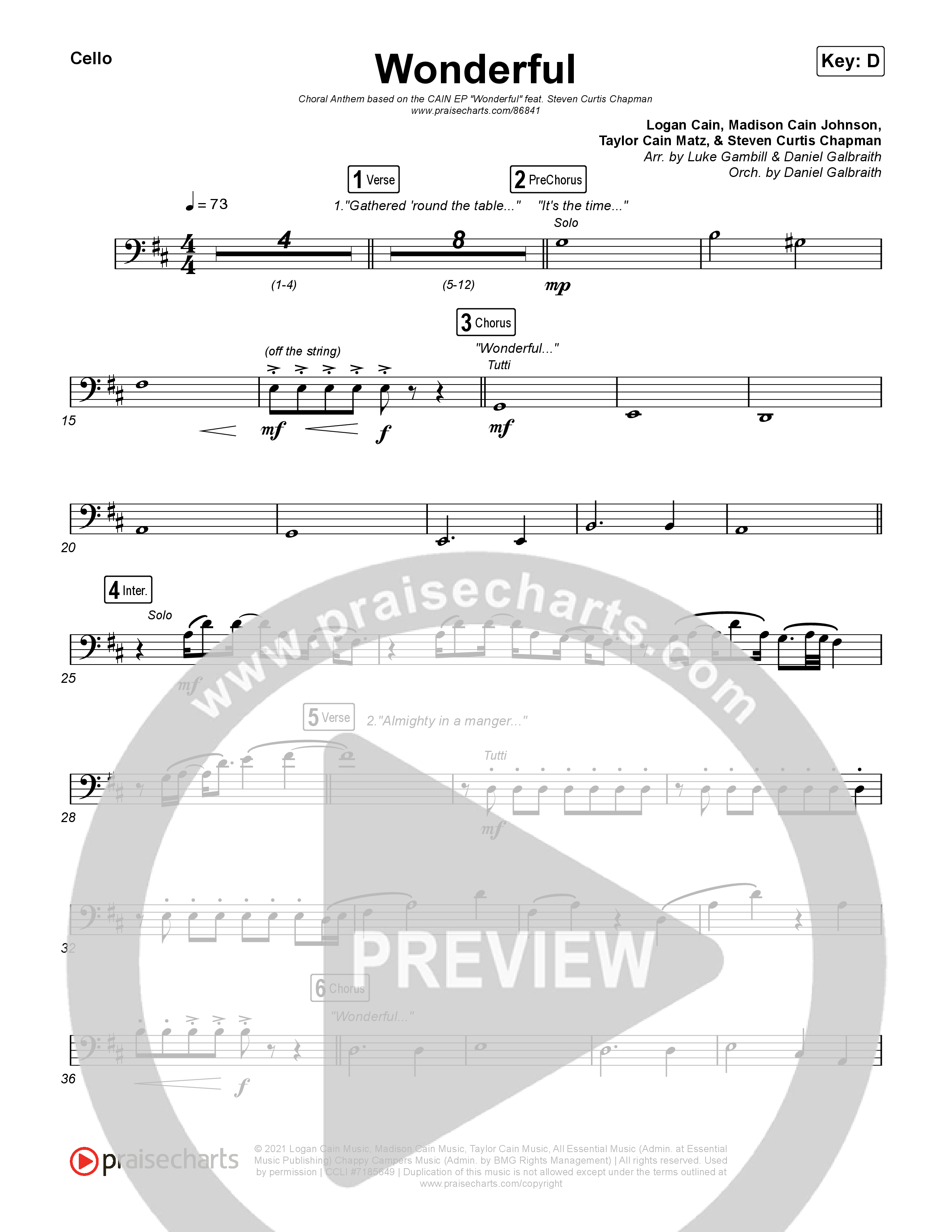 Wonderful (Choral Anthem SATB) Cello (CAIN / Arr. Luke Gambill)